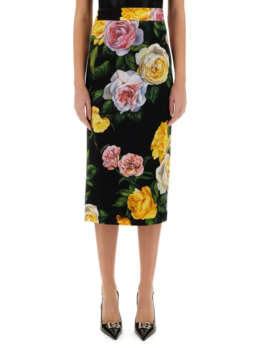 Peony And Rose Print Charmeuse Longuette Skirt