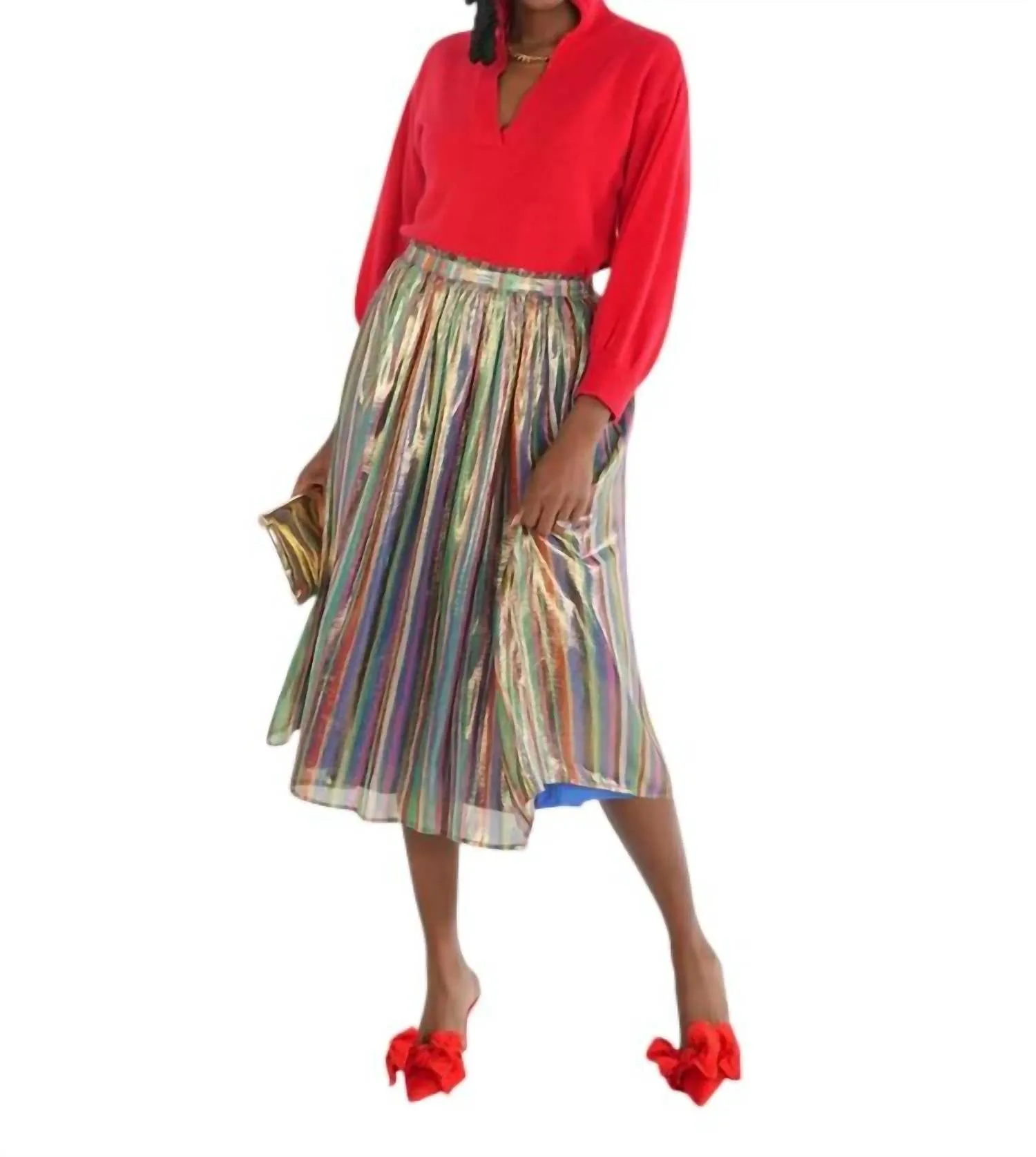Pleated Midi Skirt In Tinsel Metallic