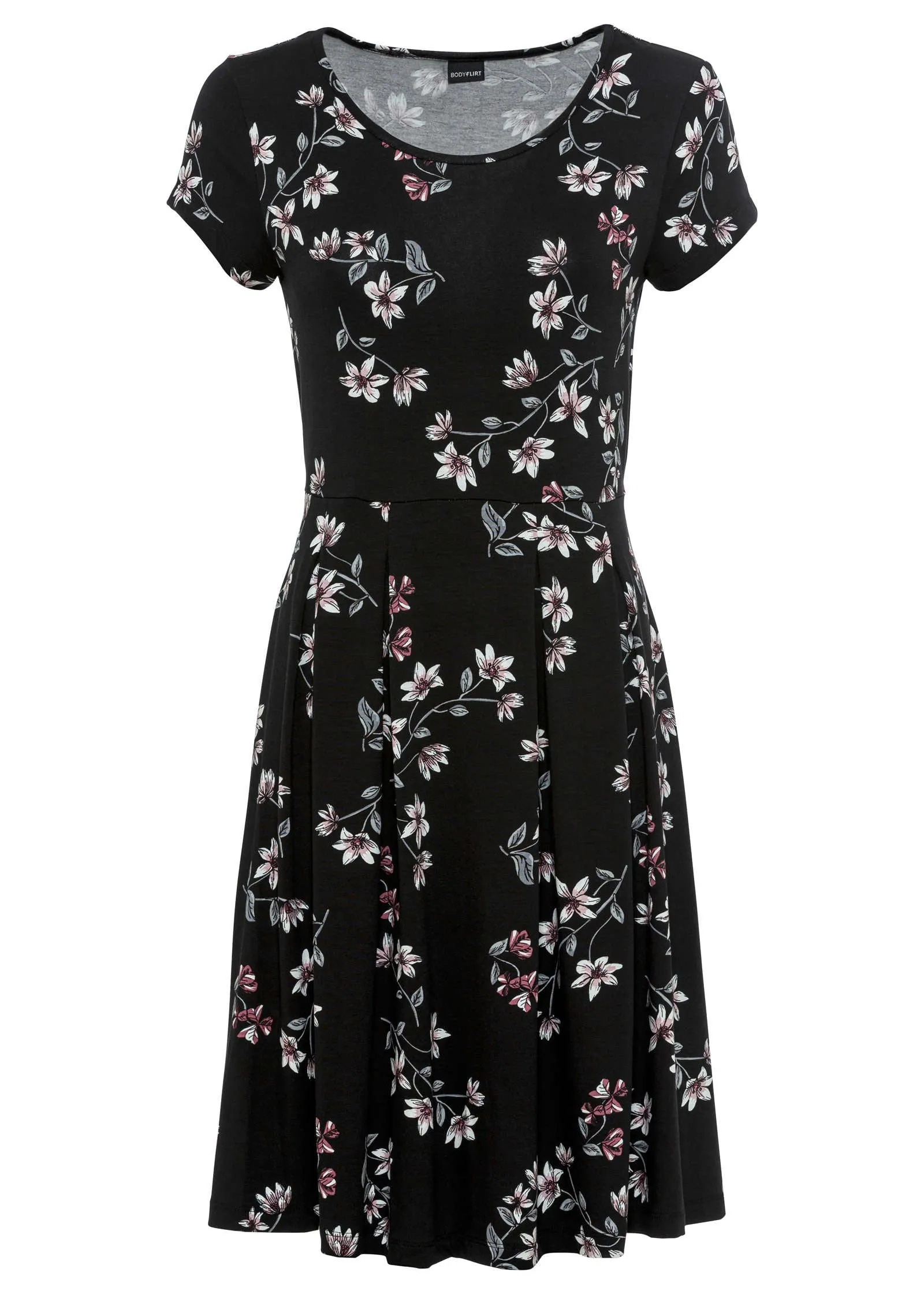 Pleated Mini Dress - Black Floral