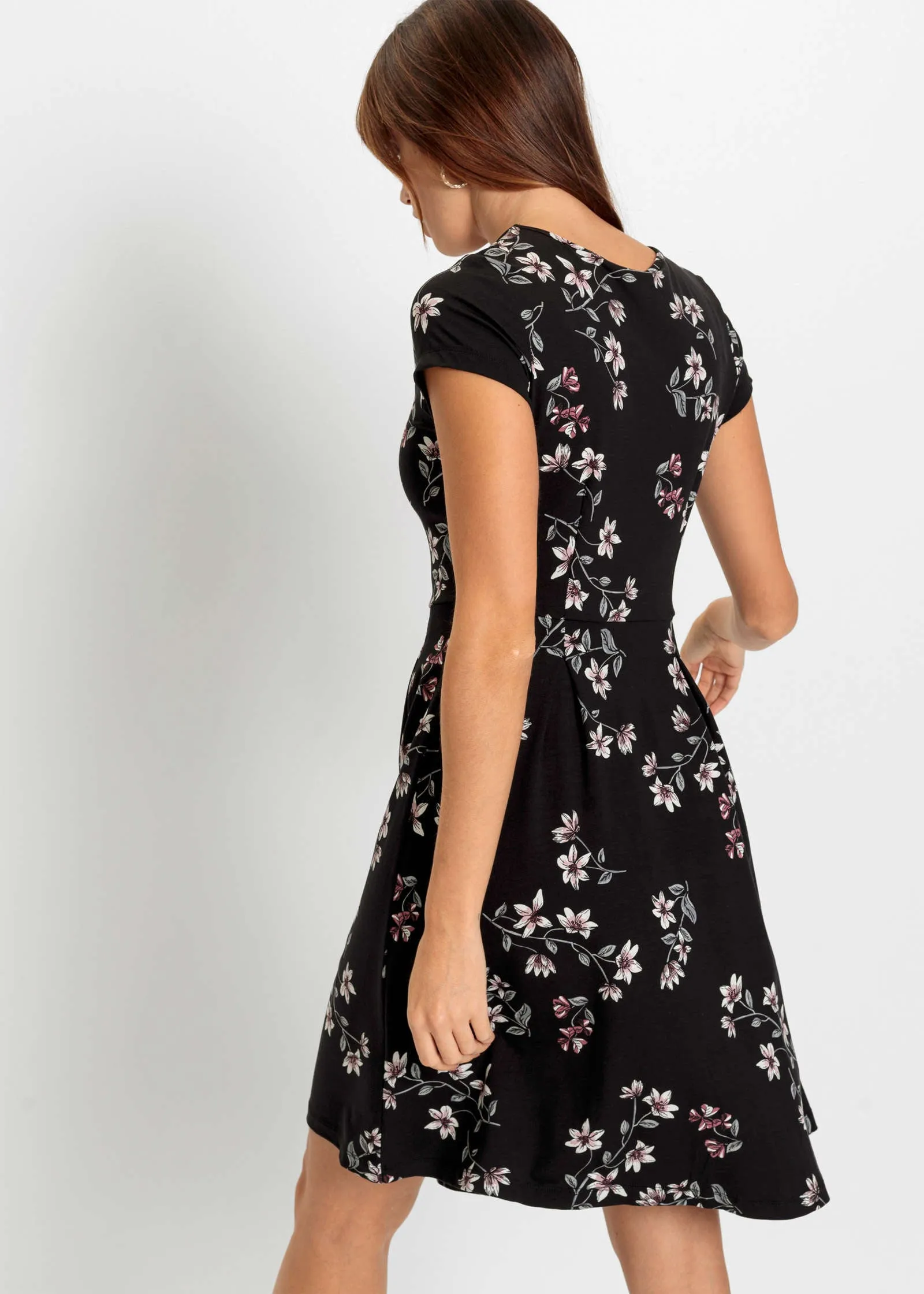 Pleated Mini Dress - Black Floral
