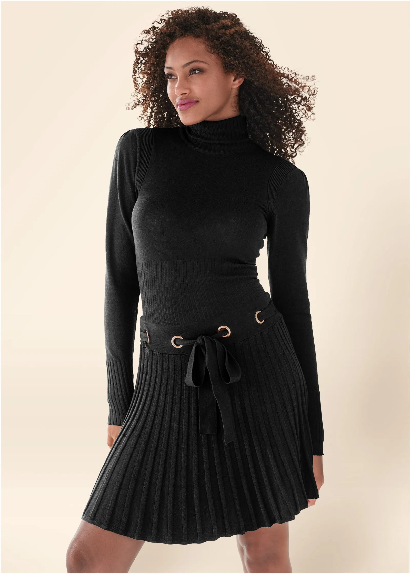 Pleated Sweater Dress - Black