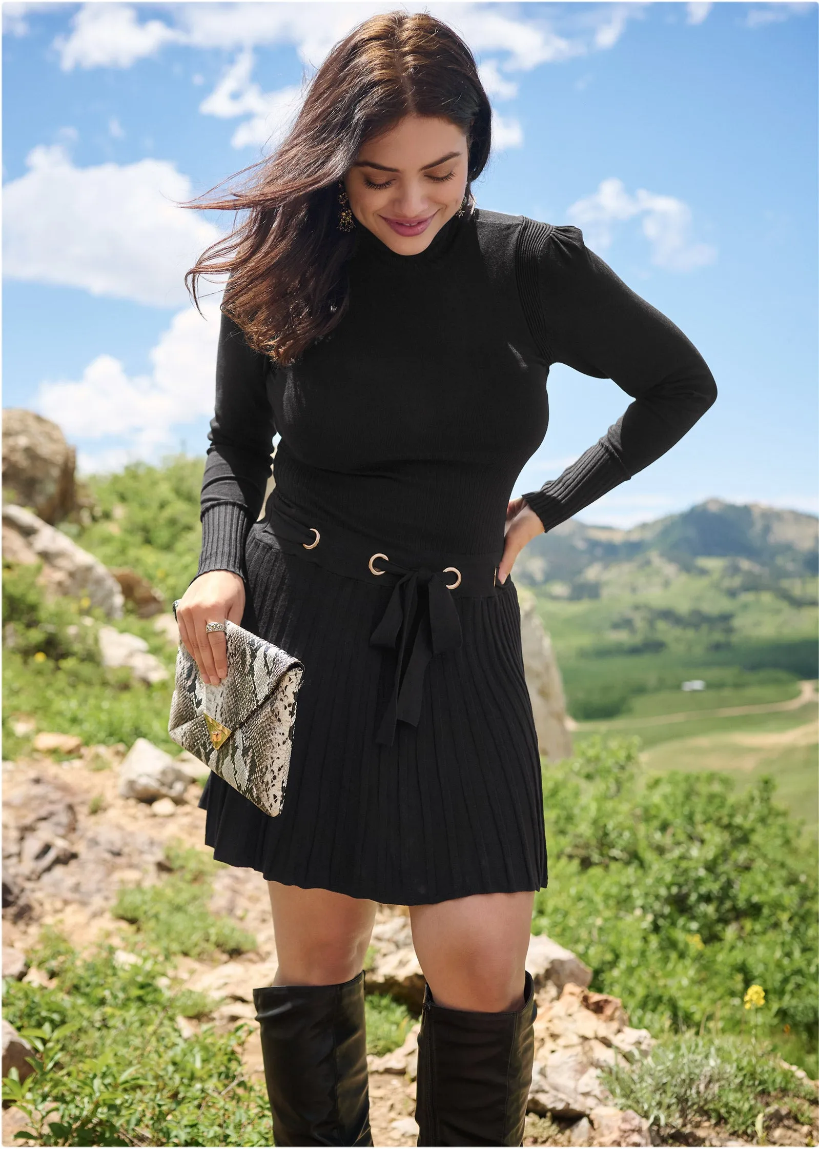 Pleated Sweater Dress - Black