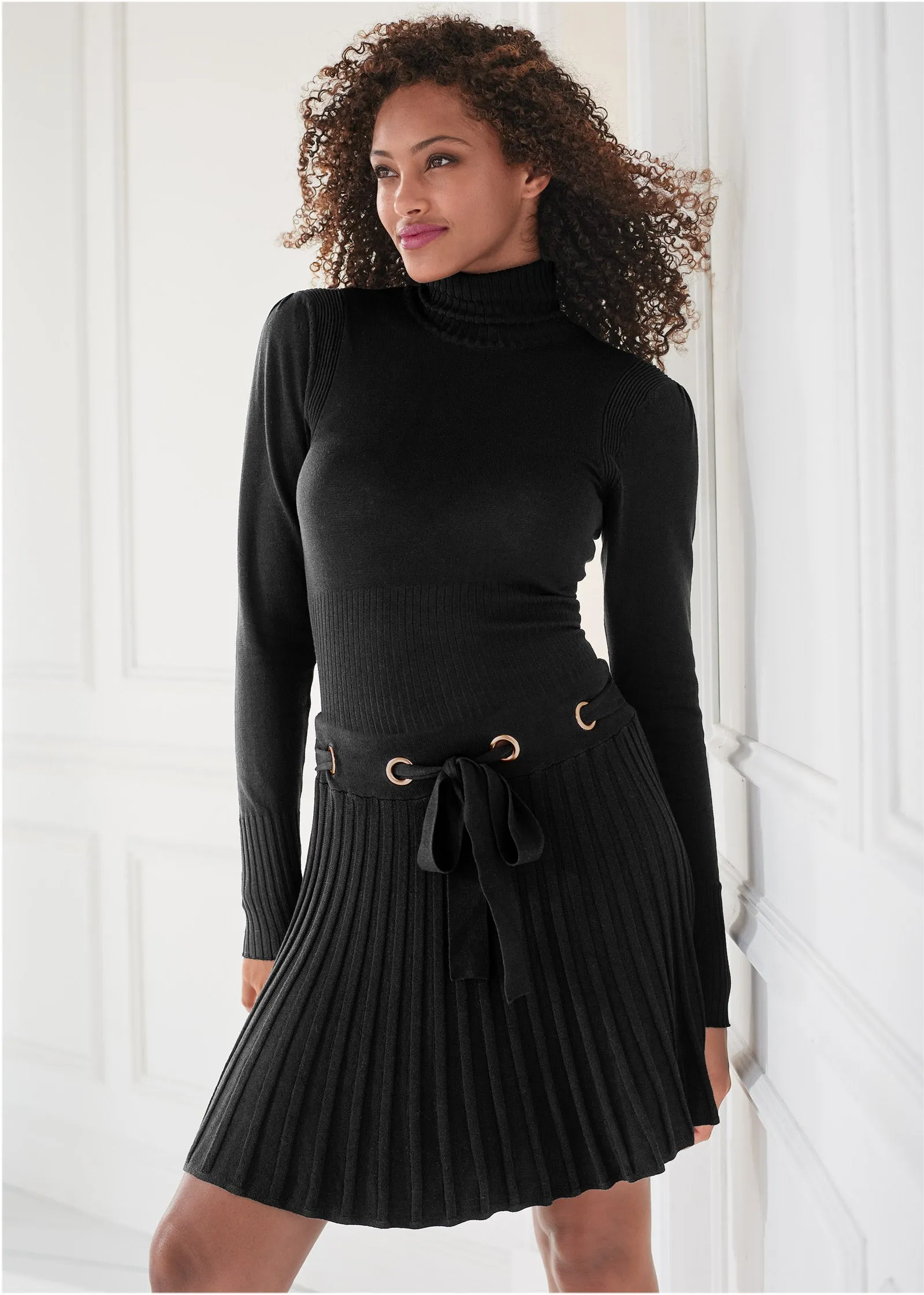 Pleated Sweater Dress - Black