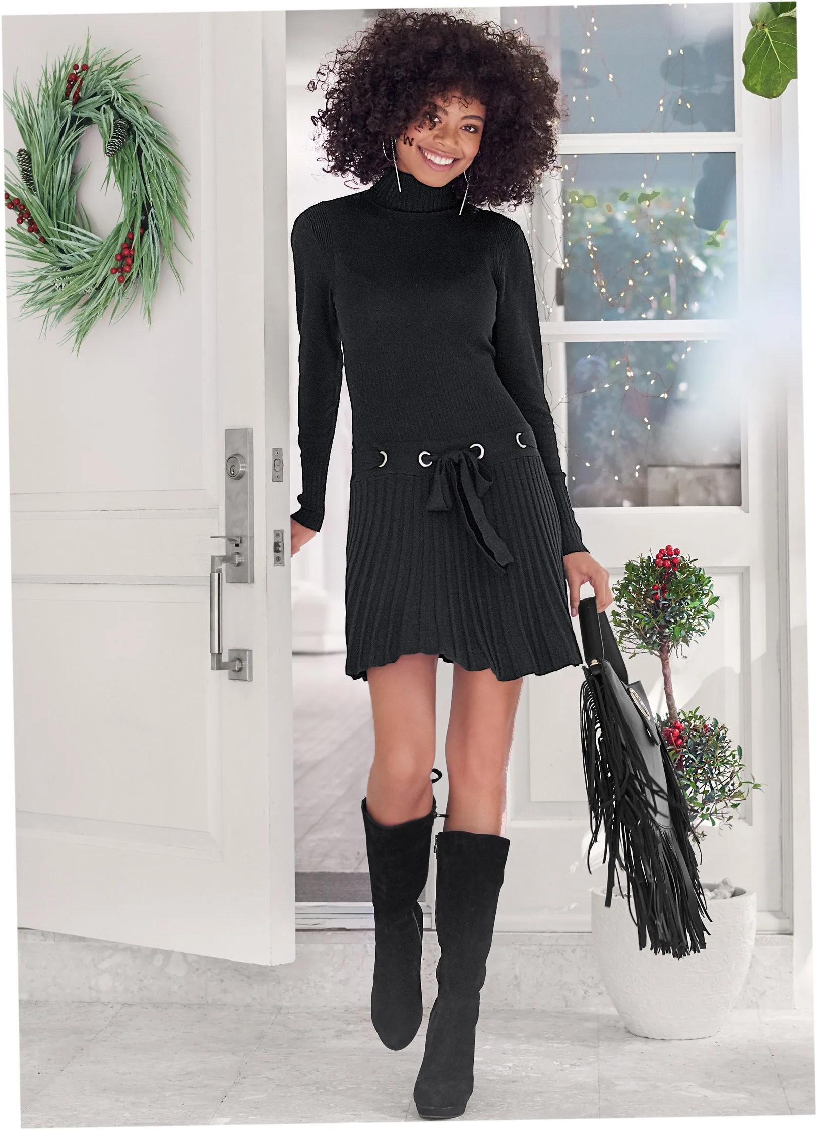 Pleated Sweater Dress - Black