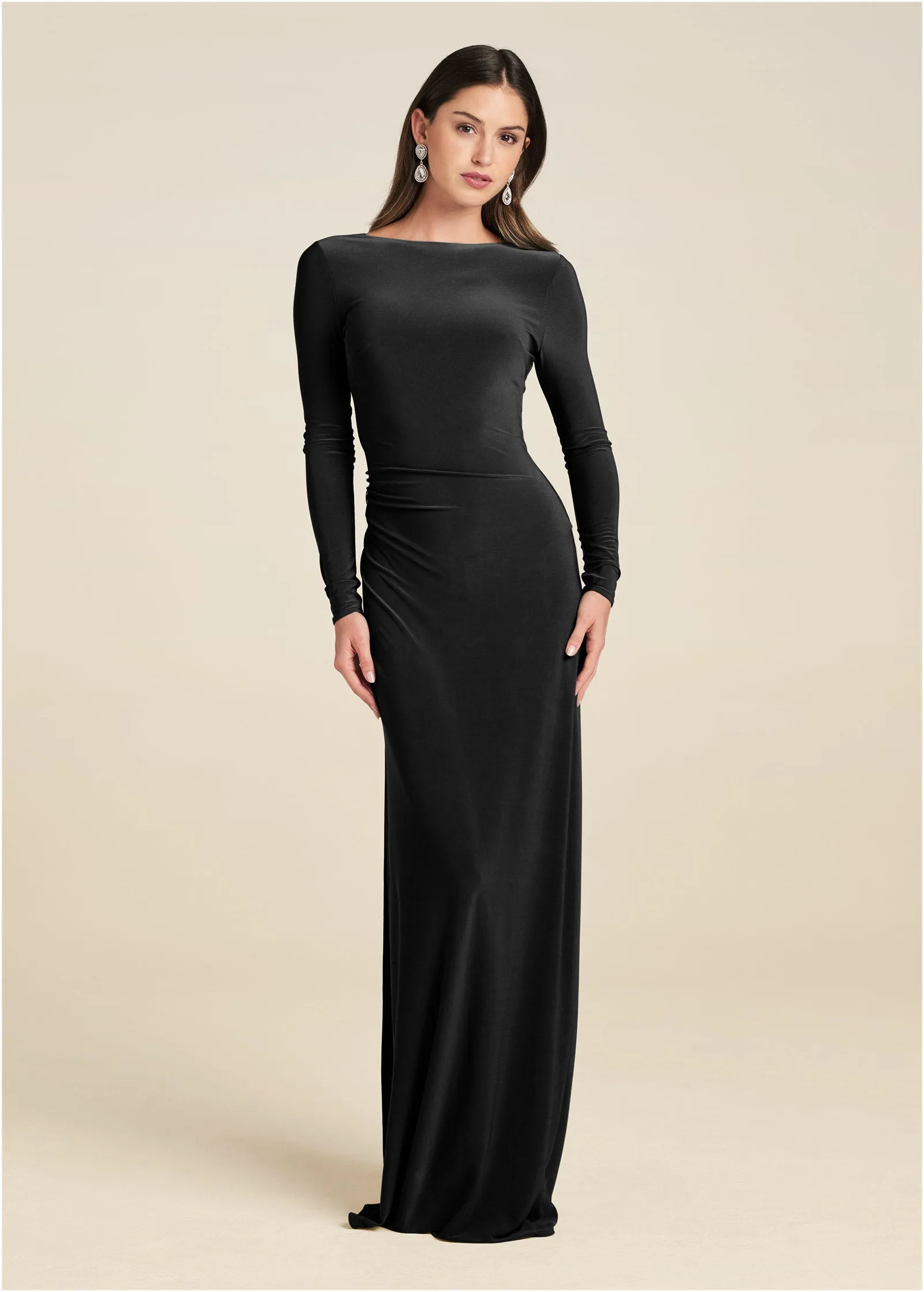 Plunging Back Long Dress - Black