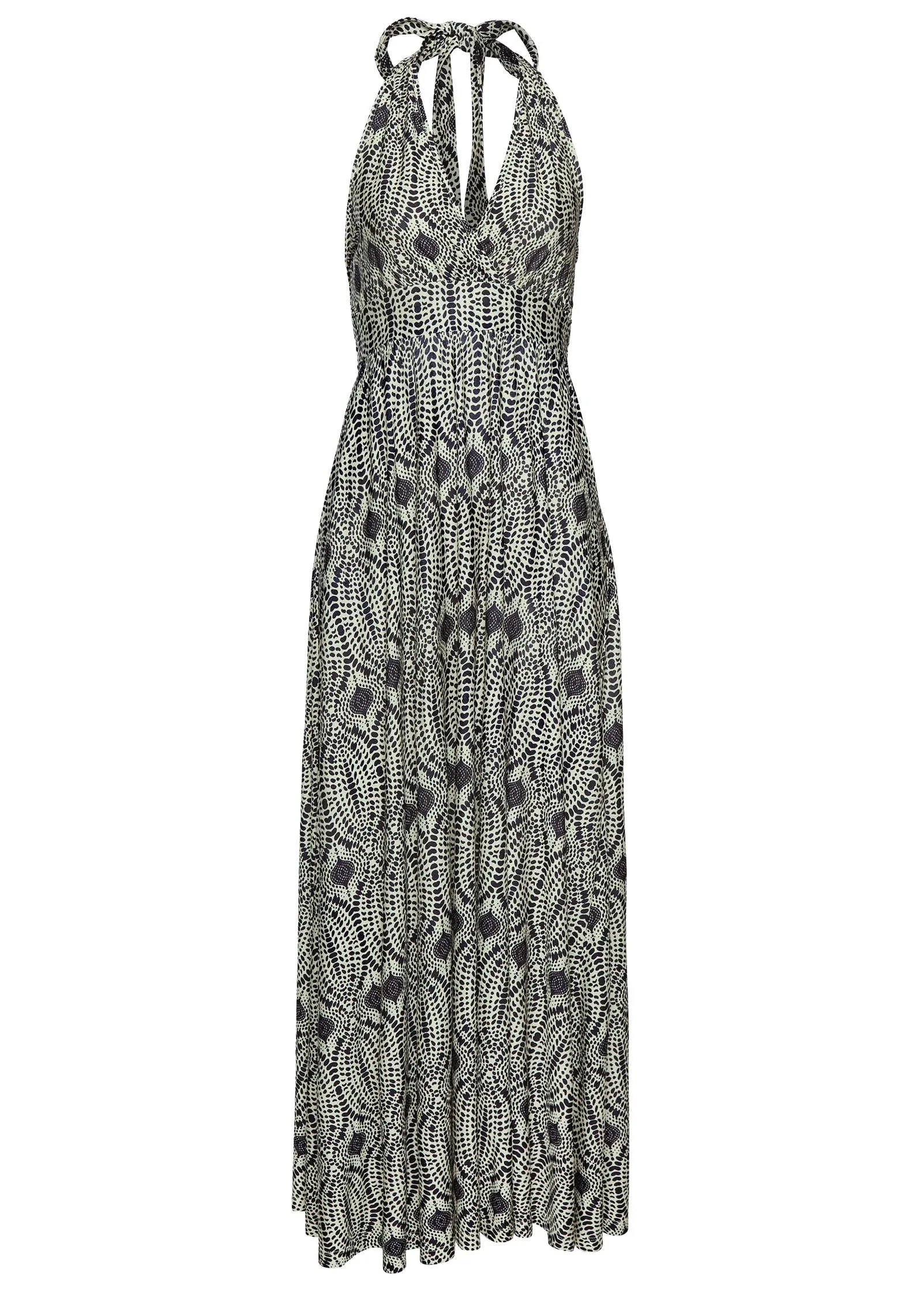 Print Halter Maxi Dress - Navy & Tan