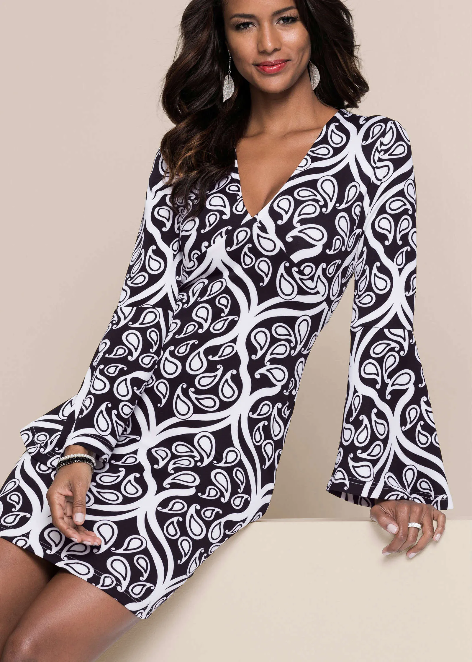 Printed V-Neck Dress - Black & White