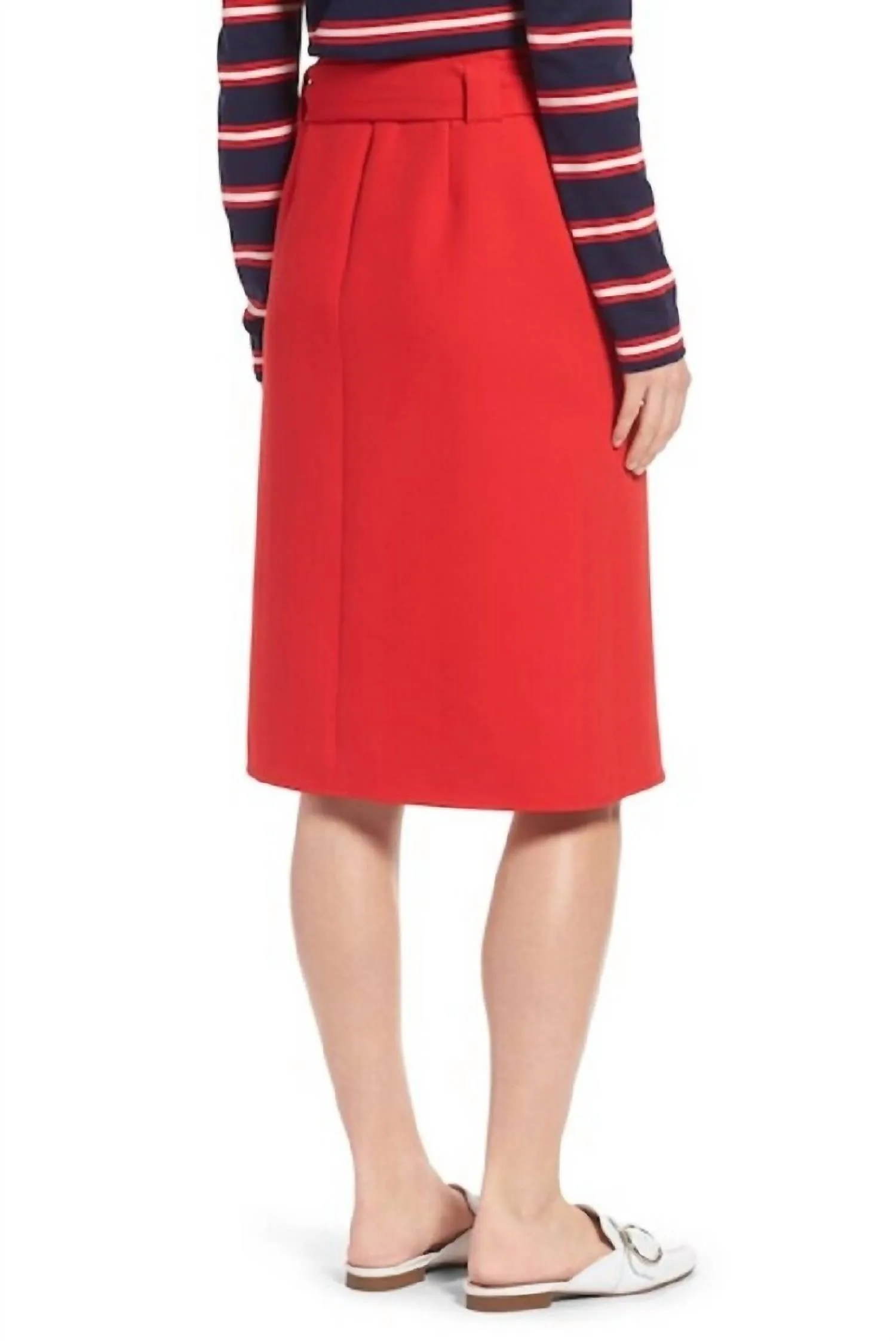 Red A Line Belted Workwear Preppy Midi Skirt