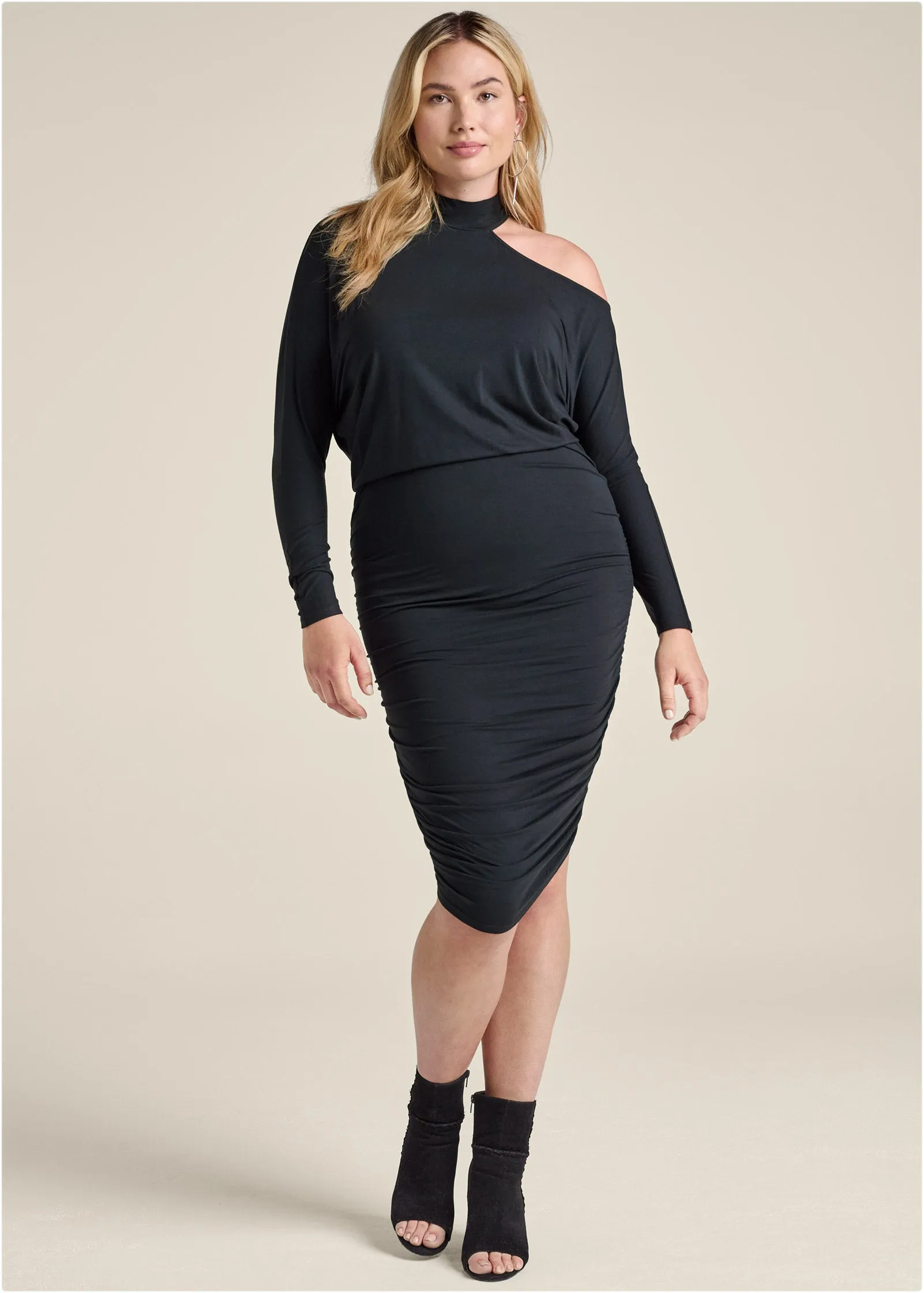 Ruched Midi Dress  - Black
