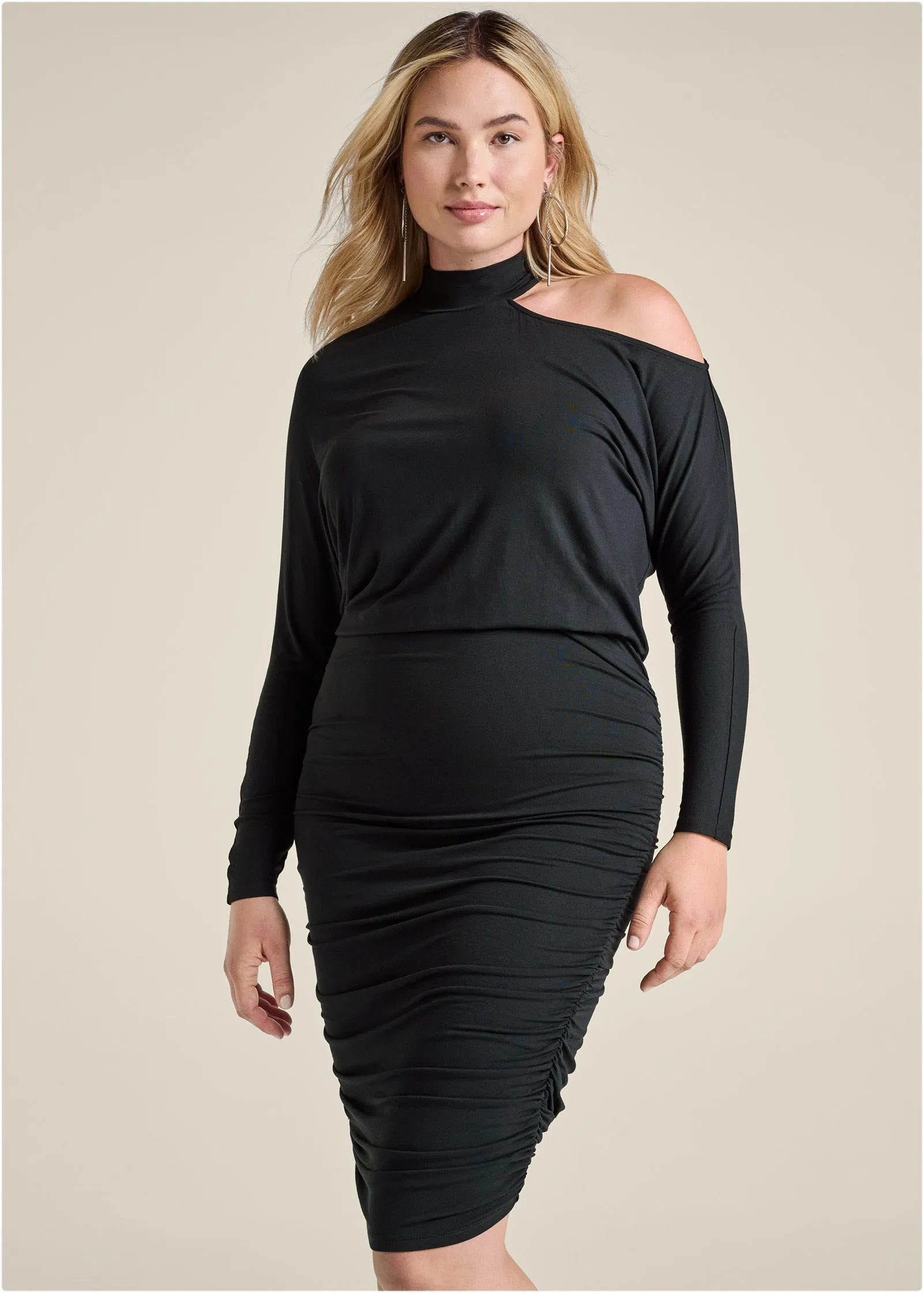 Ruched Midi Dress  - Black