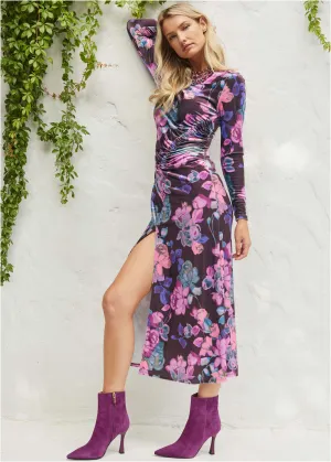 Ruched Velvet Maxi Dress - Electric Bouquet