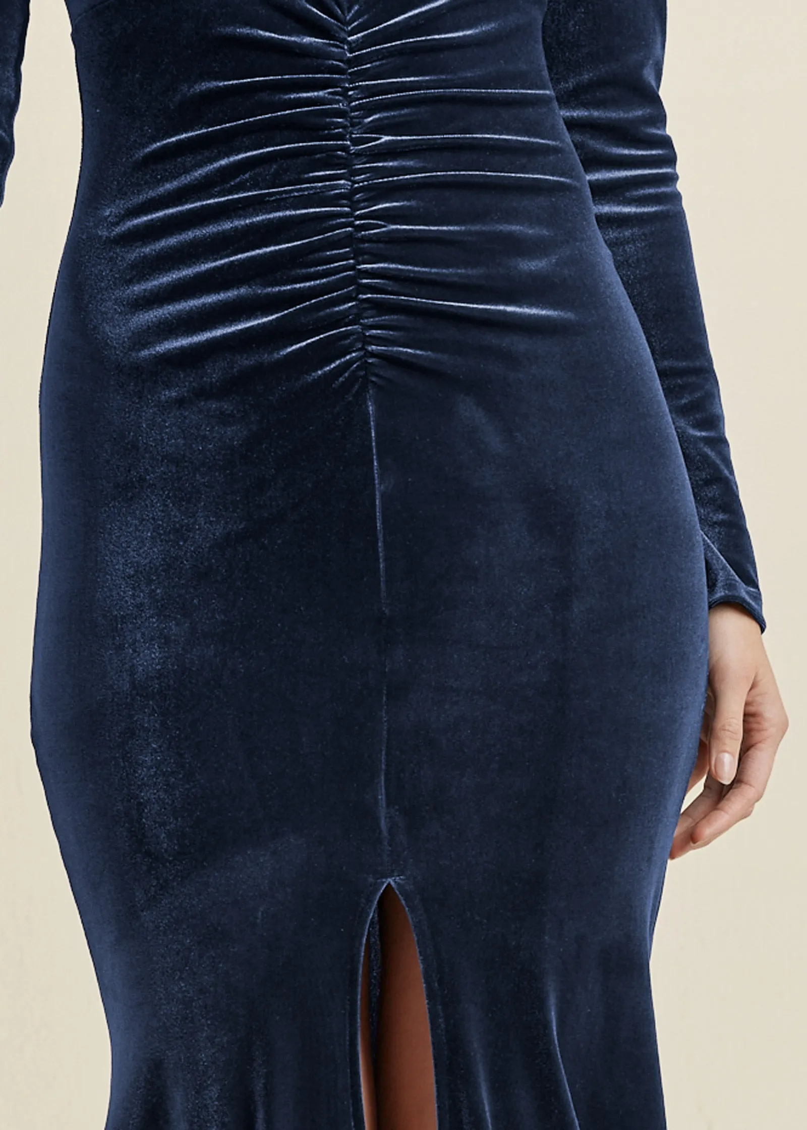 Ruched Velvet Maxi Gown - Navy