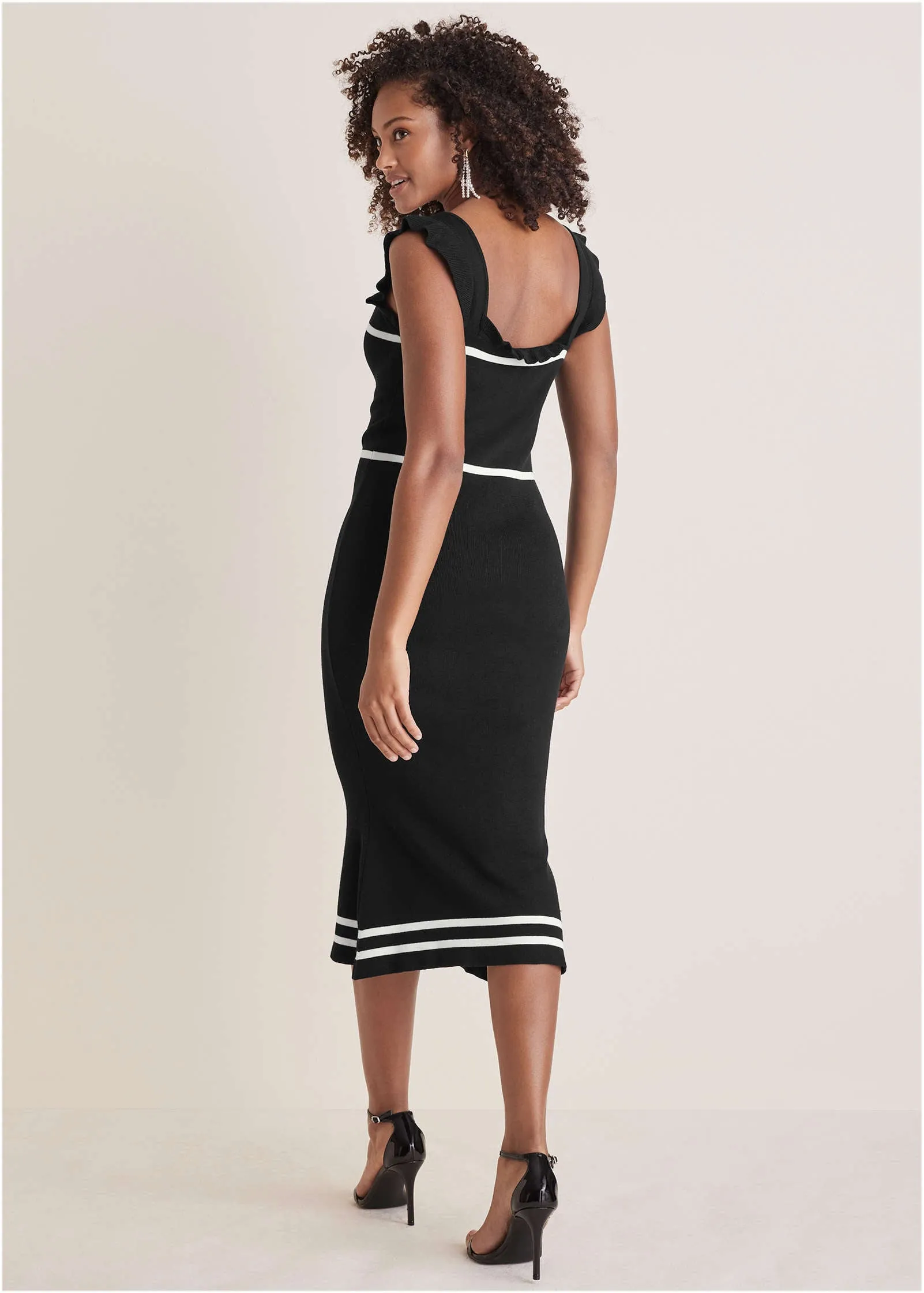 Ruffle Contrast Midi Dress - Black