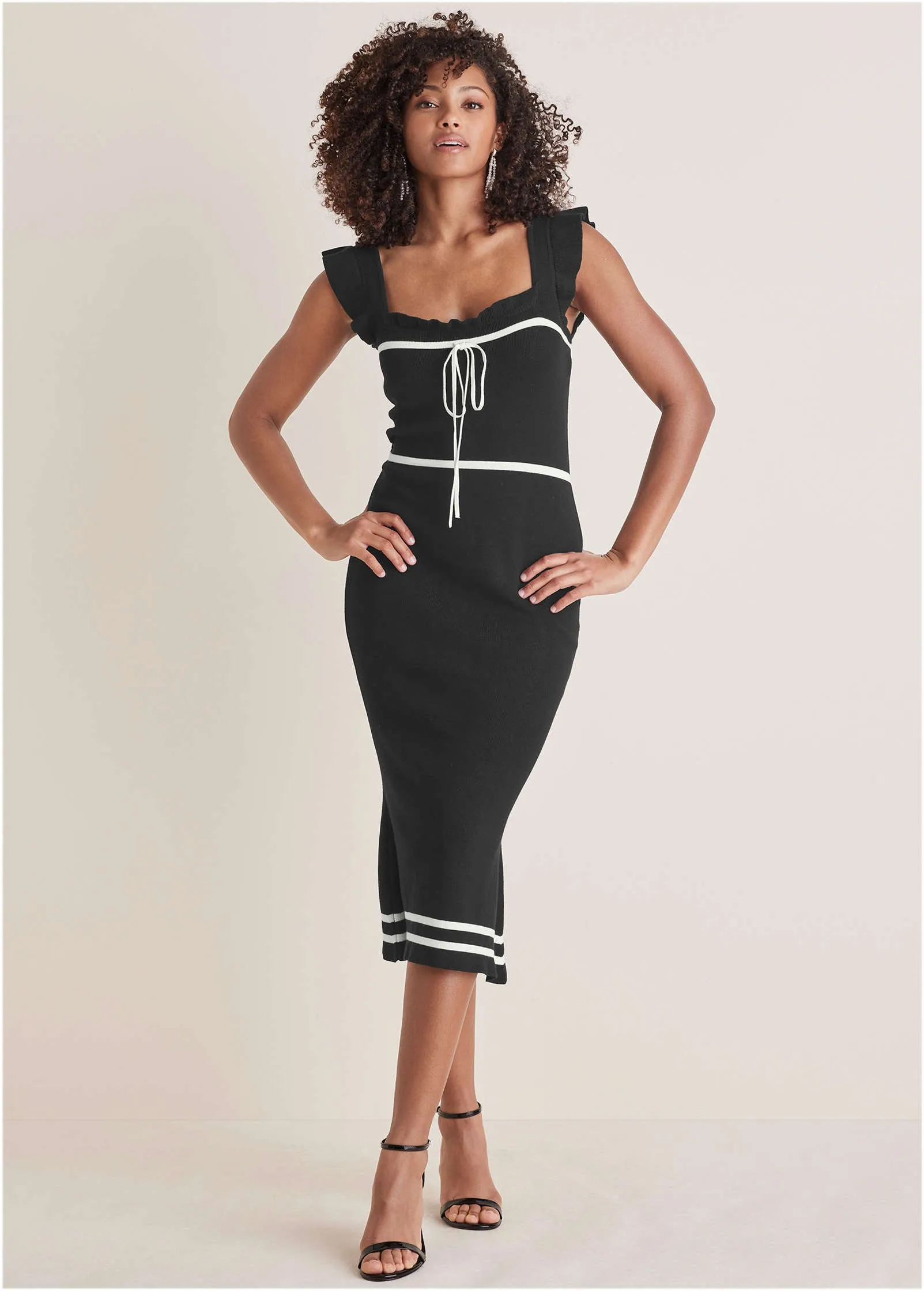 Ruffle Contrast Midi Dress - Black