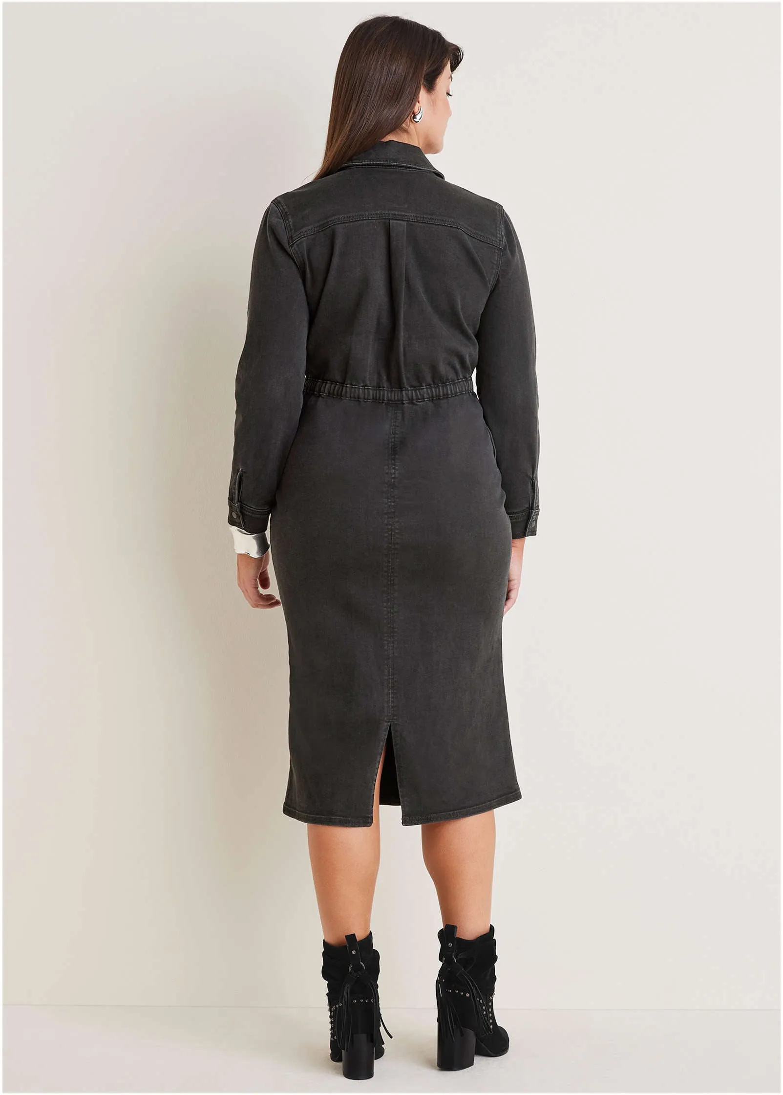 Ruffle Denim Midi Dress - Black Wash