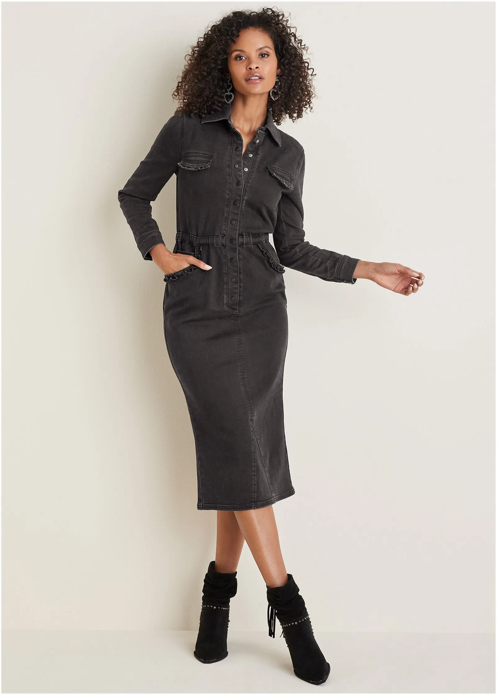 Ruffle Denim Midi Dress - Black Wash