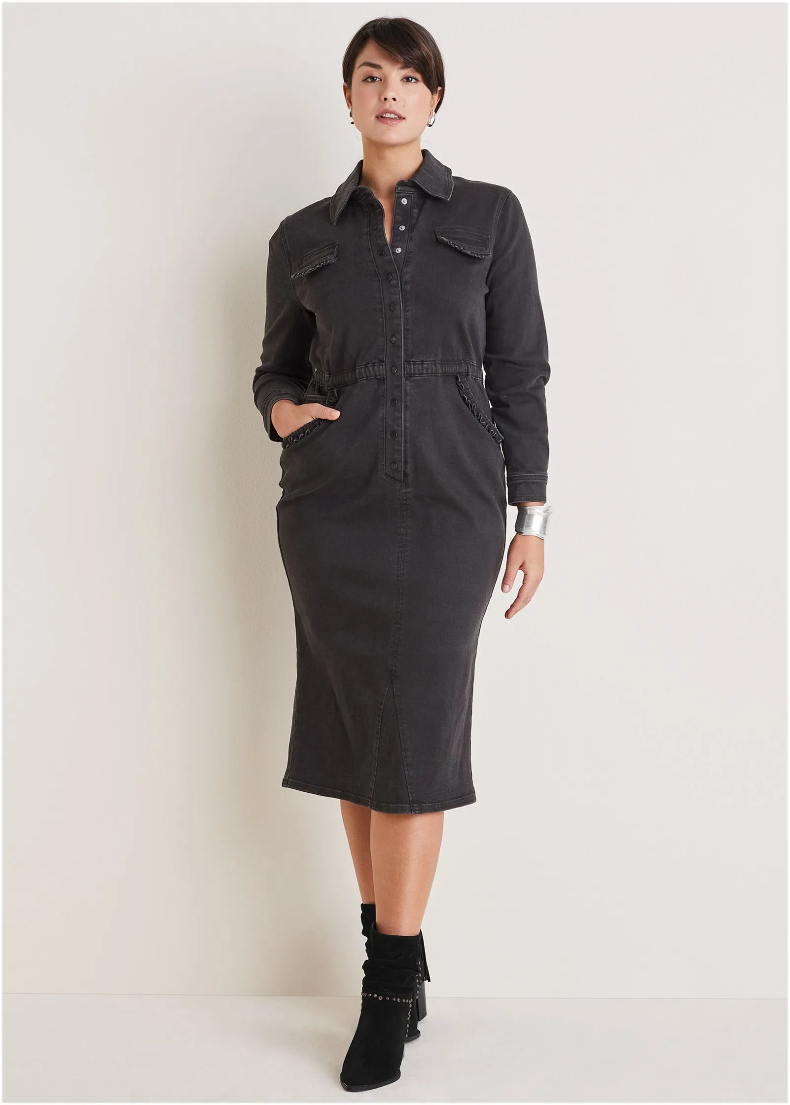 Ruffle Denim Midi Dress - Black Wash