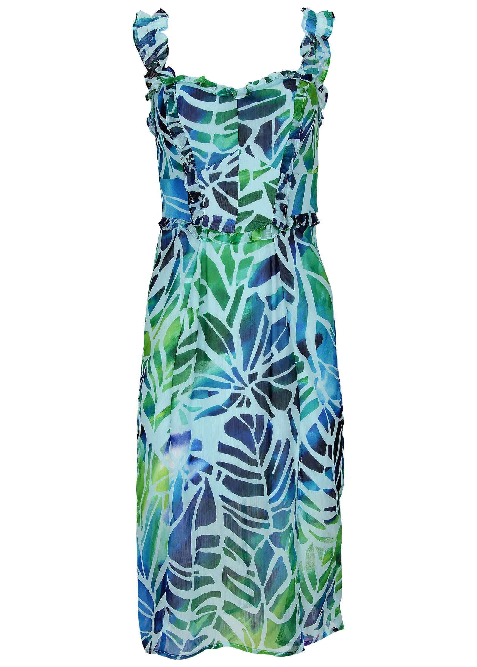 Ruffle Detail Midi Dress - Ombre Block Leaves