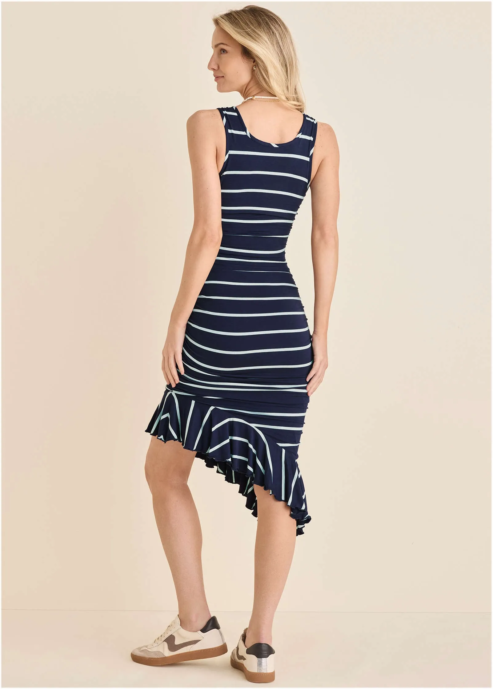 Ruffle Hem High-Low Dress - Navy & White