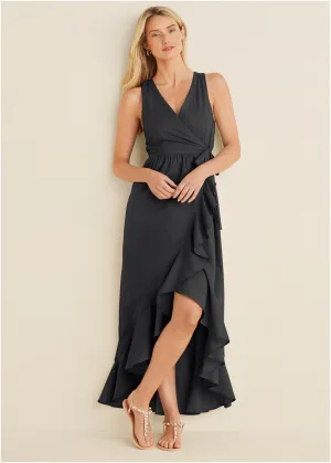 Ruffle High-Low Wrap Dress - Black