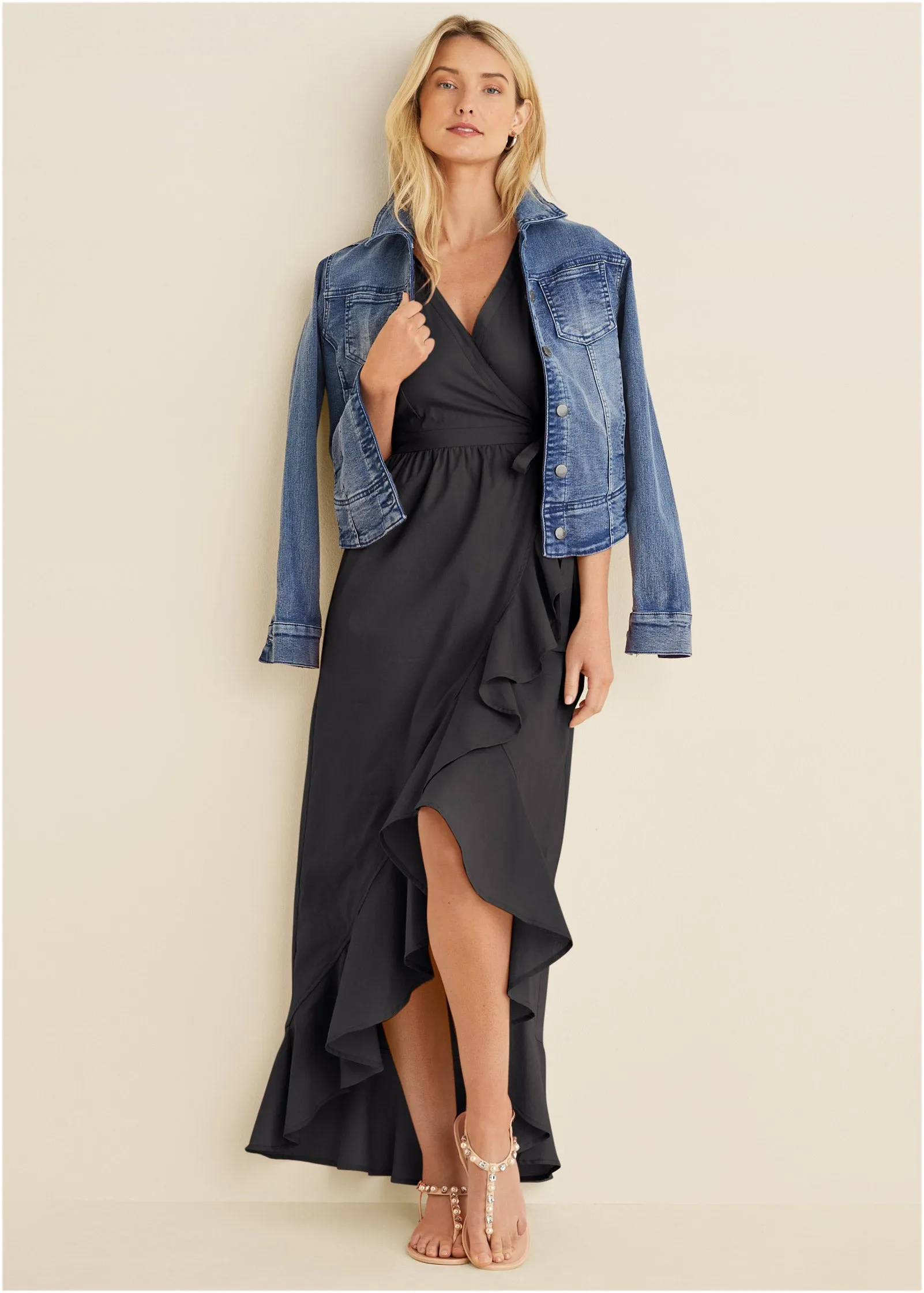 Ruffle High-Low Wrap Dress - Black