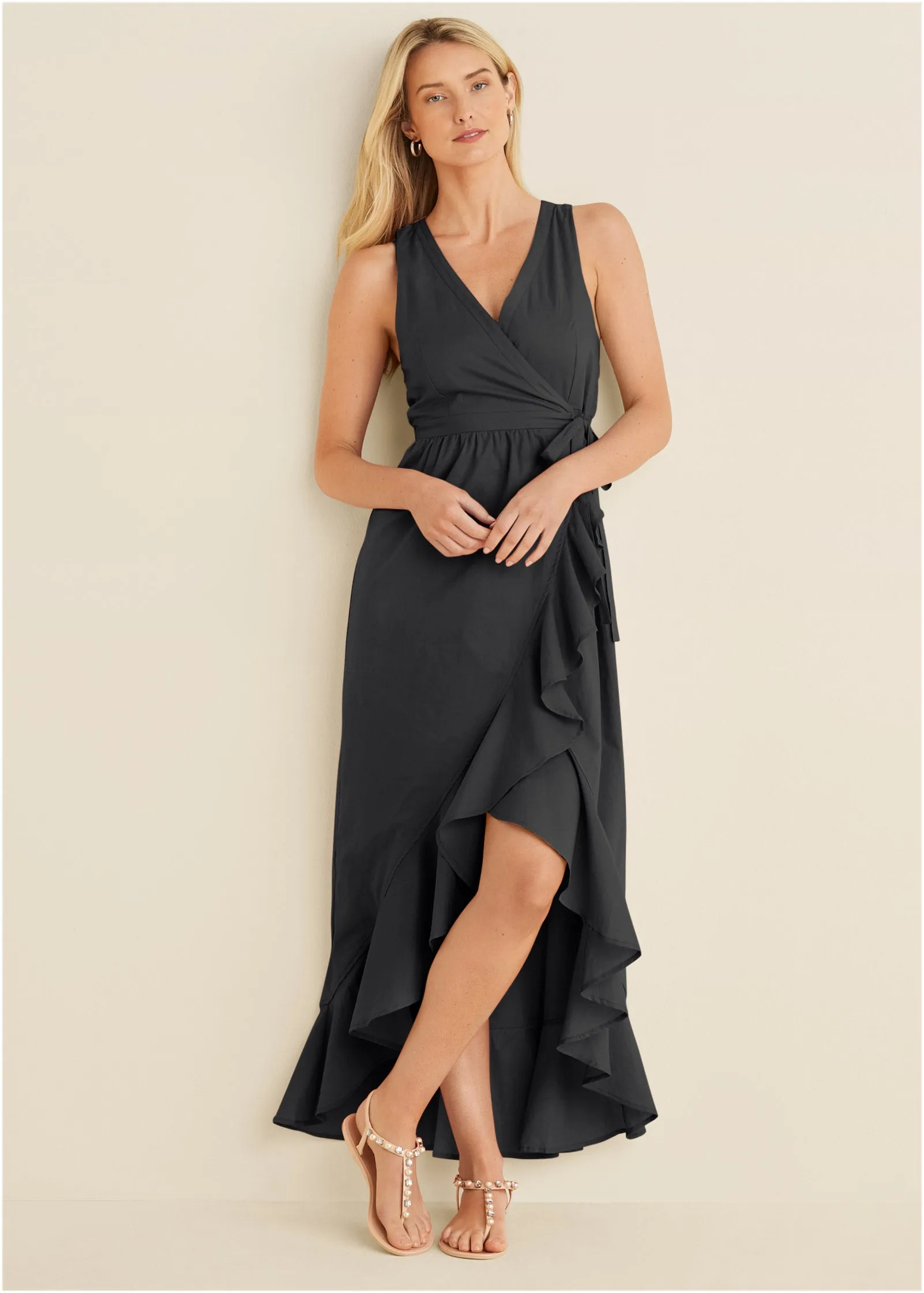 Ruffle High-Low Wrap Dress - Black