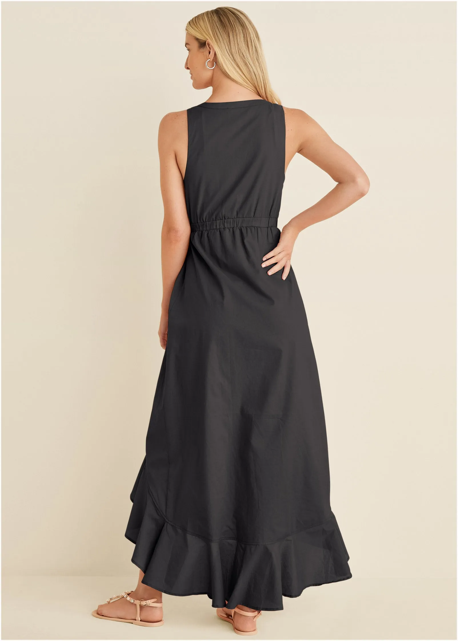 Ruffle High-Low Wrap Dress - Black