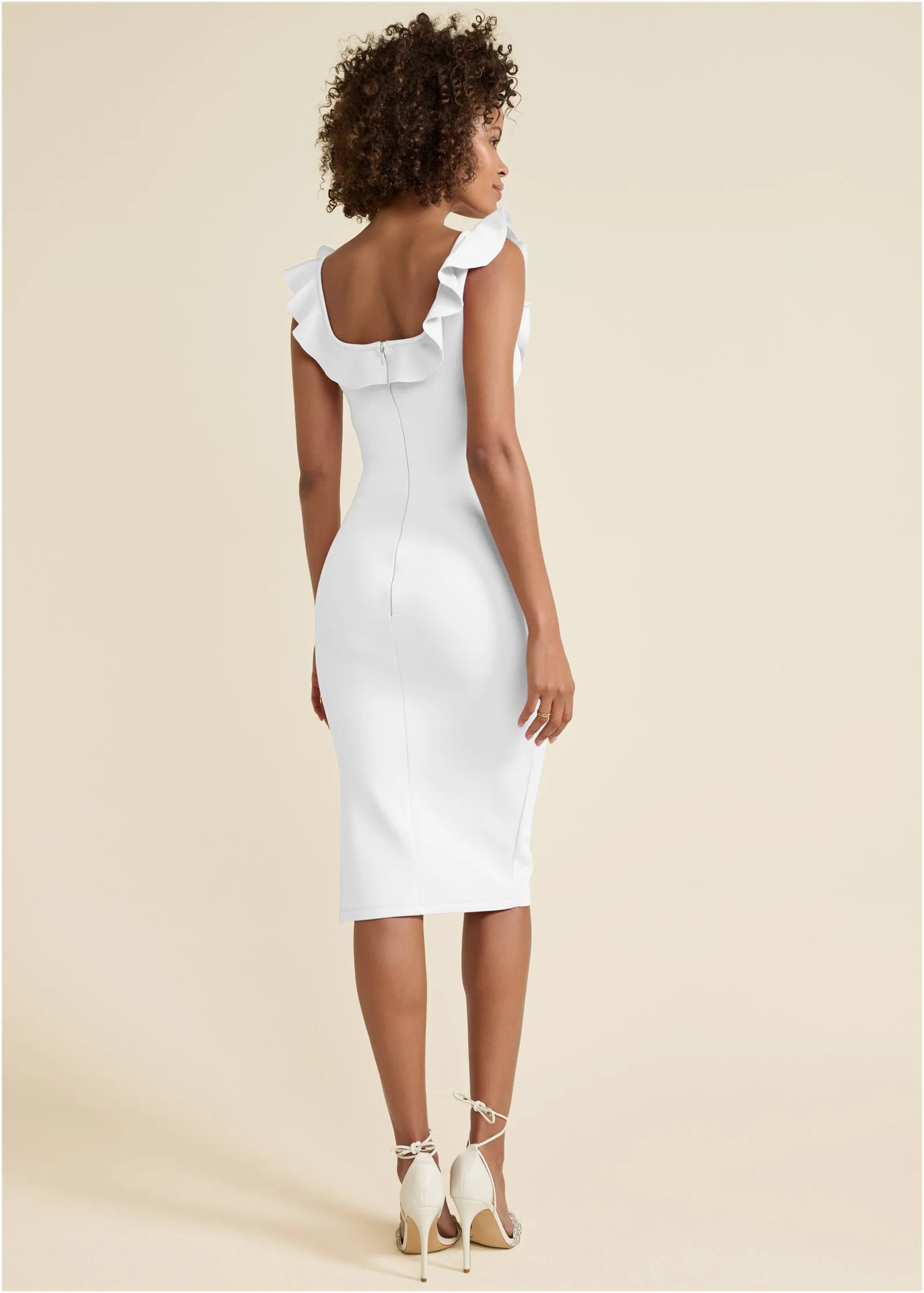 Ruffle Neck Midi Dress - White