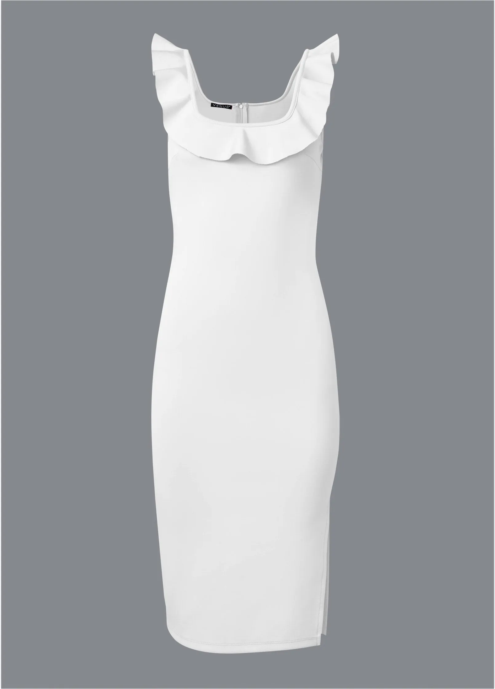 Ruffle Neck Midi Dress - White