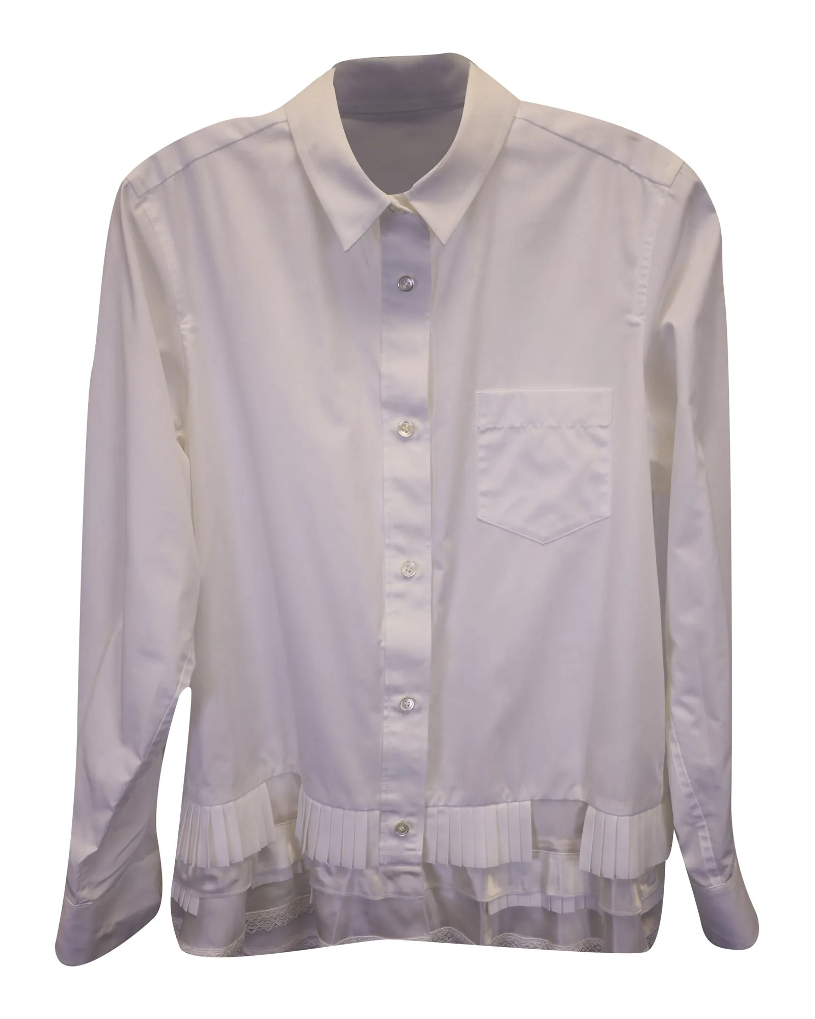 Sacai Button-Down with Pleated Hem in White Polyester