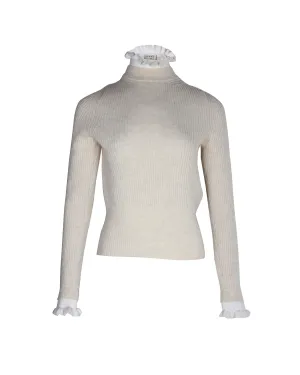 Sandro Miles Ruffled Collar & Cuffs Sweater In Cream Wool