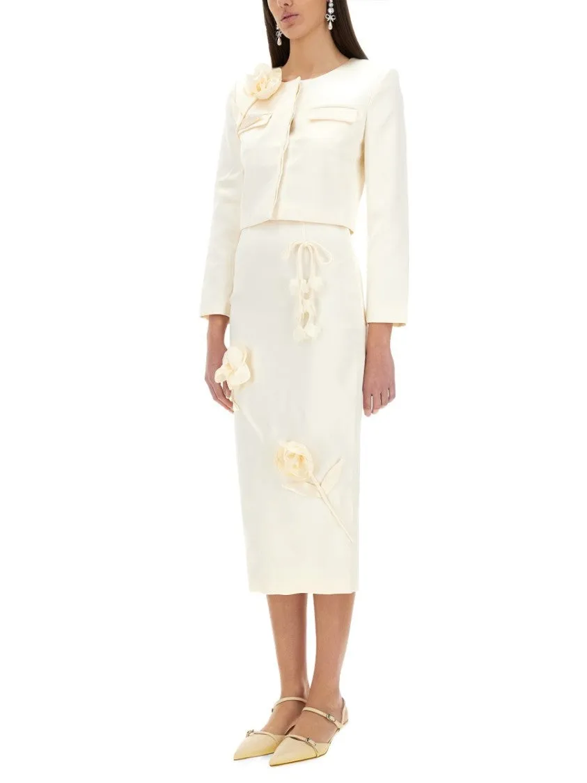 Satin Midi Skirt With 3D Flowers