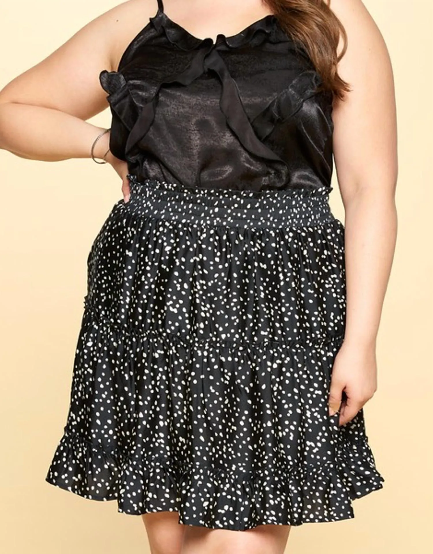 Satin Tiered Mini Skirt - Plus In Black