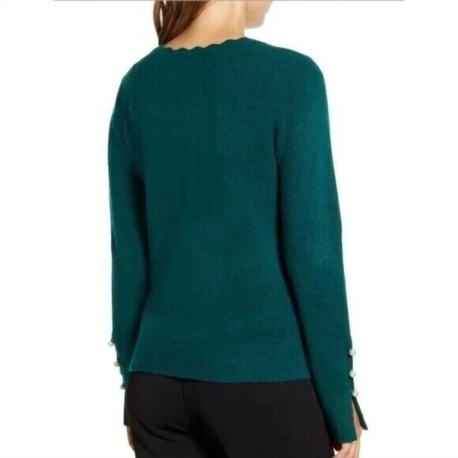 Scallop Crew Neck Sleeve Pullover Sweater In Green