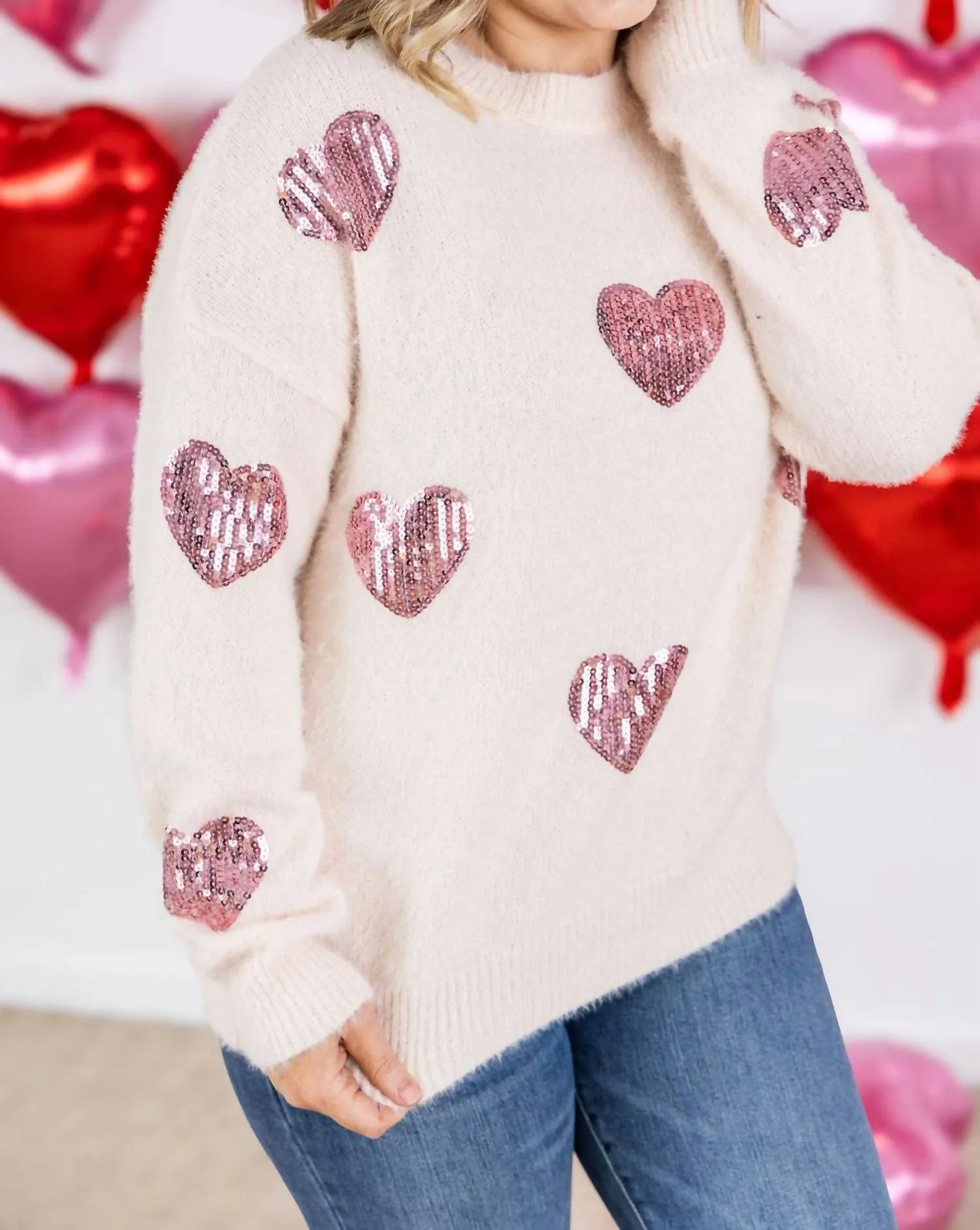 Sequin Heart Sweater In Pink