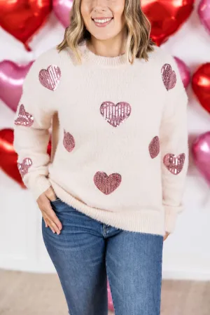 Sequin Heart Sweater In Pink