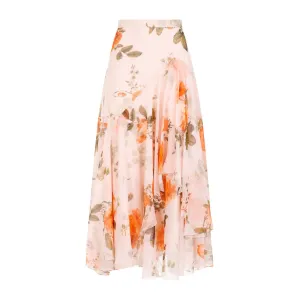 Shell Pink Silk Midi Skirt With Tiered Frilled Hem