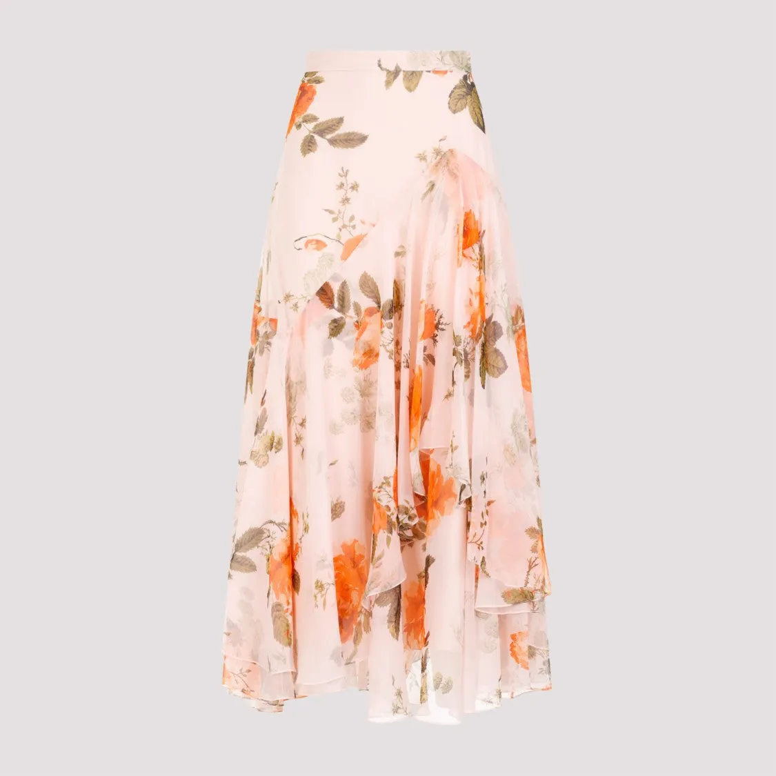 Shell Pink Silk Midi Skirt With Tiered Frilled Hem
