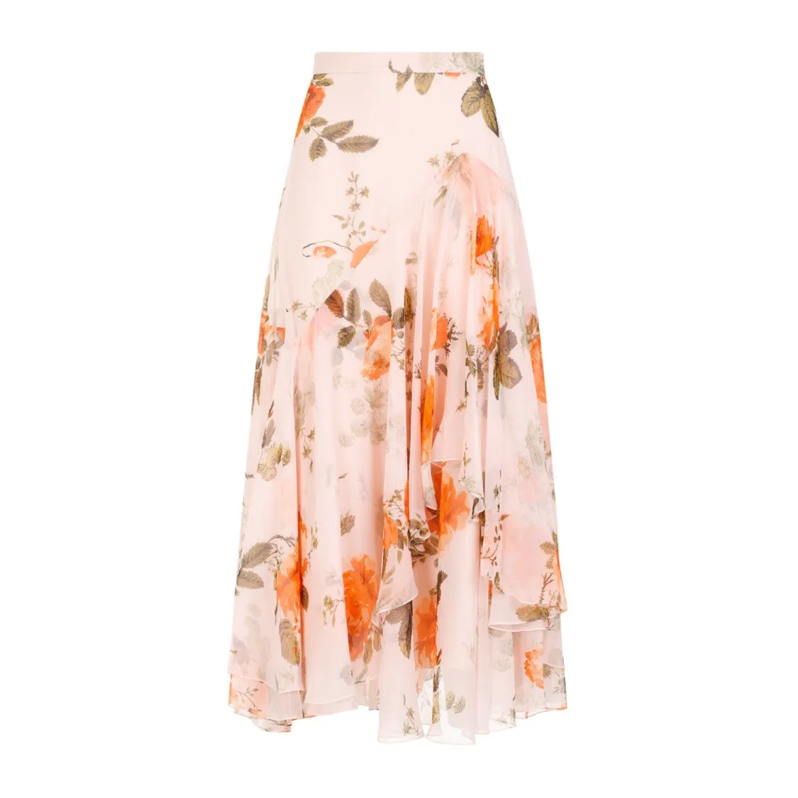 Shell Pink Silk Midi Skirt With Tiered Frilled Hem