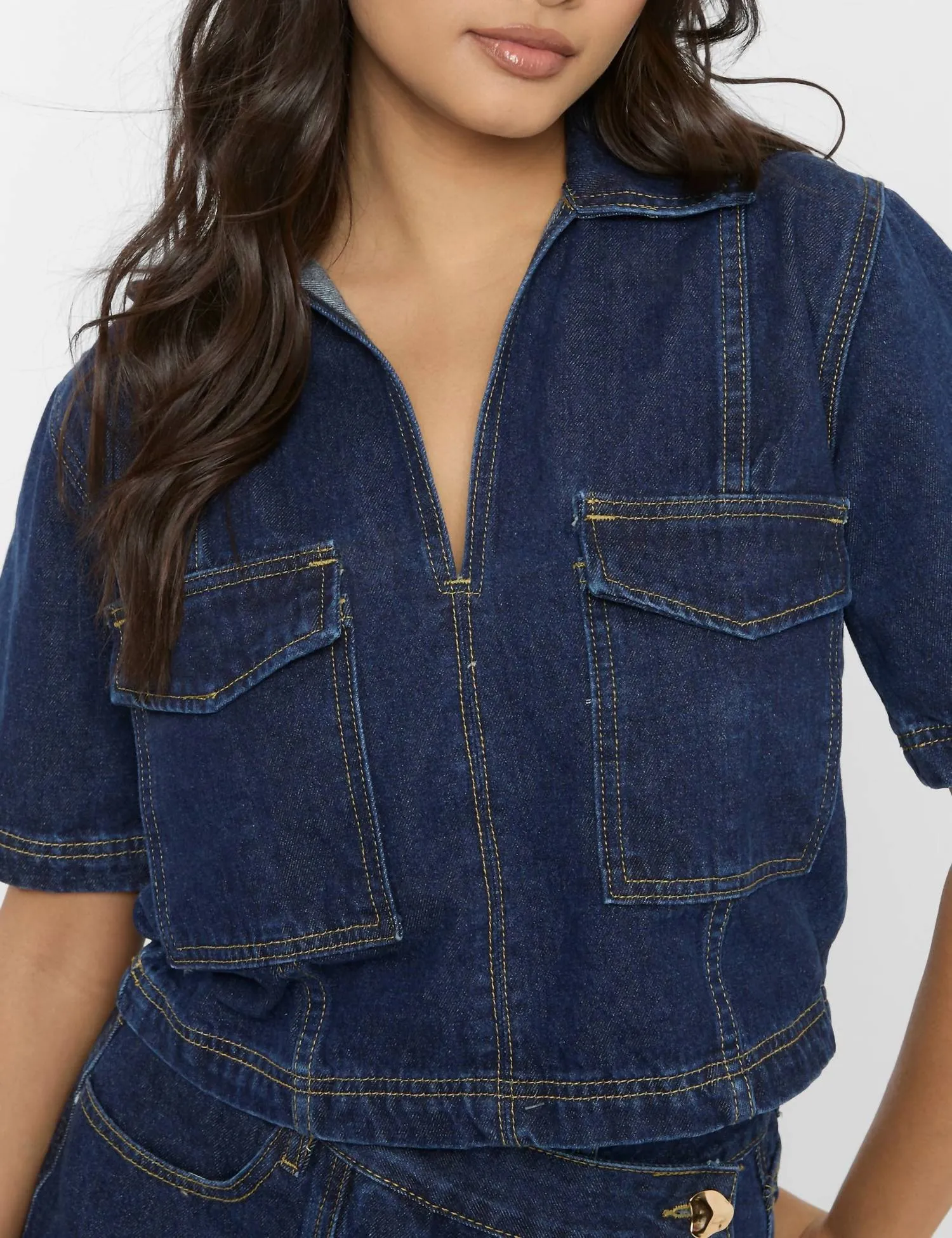 Short Sleeve Jean Skort Set In Dark Blue