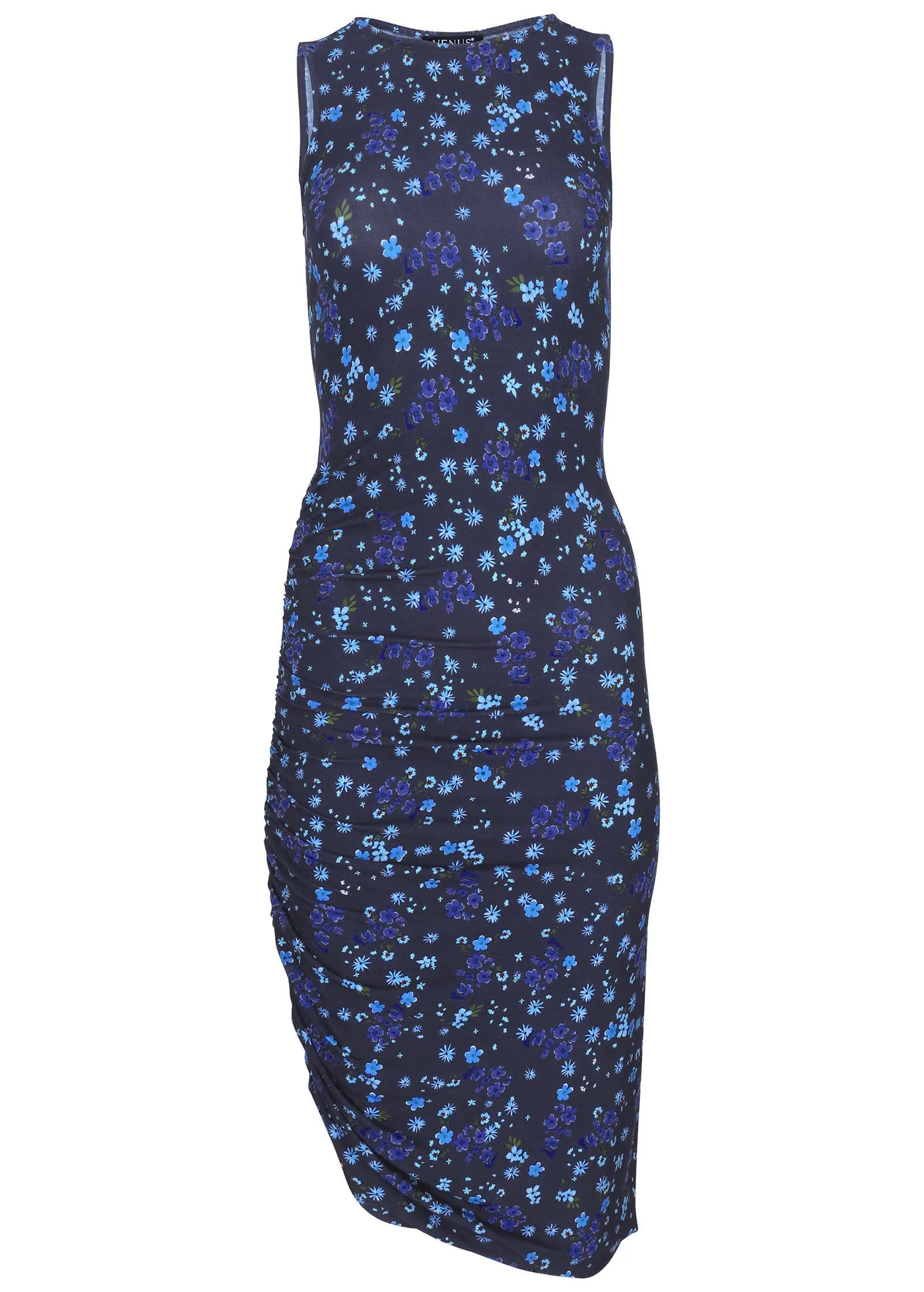 Side Ruched Midi Dress - Lovely Ditsy Blue