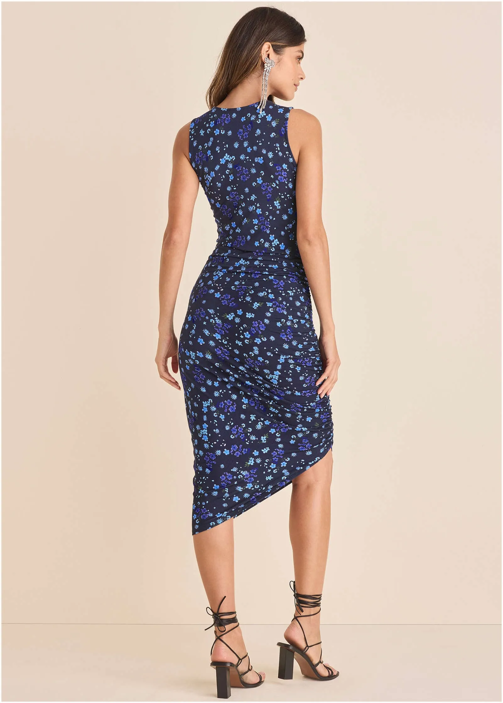 Side Ruched Midi Dress - Lovely Ditsy Blue