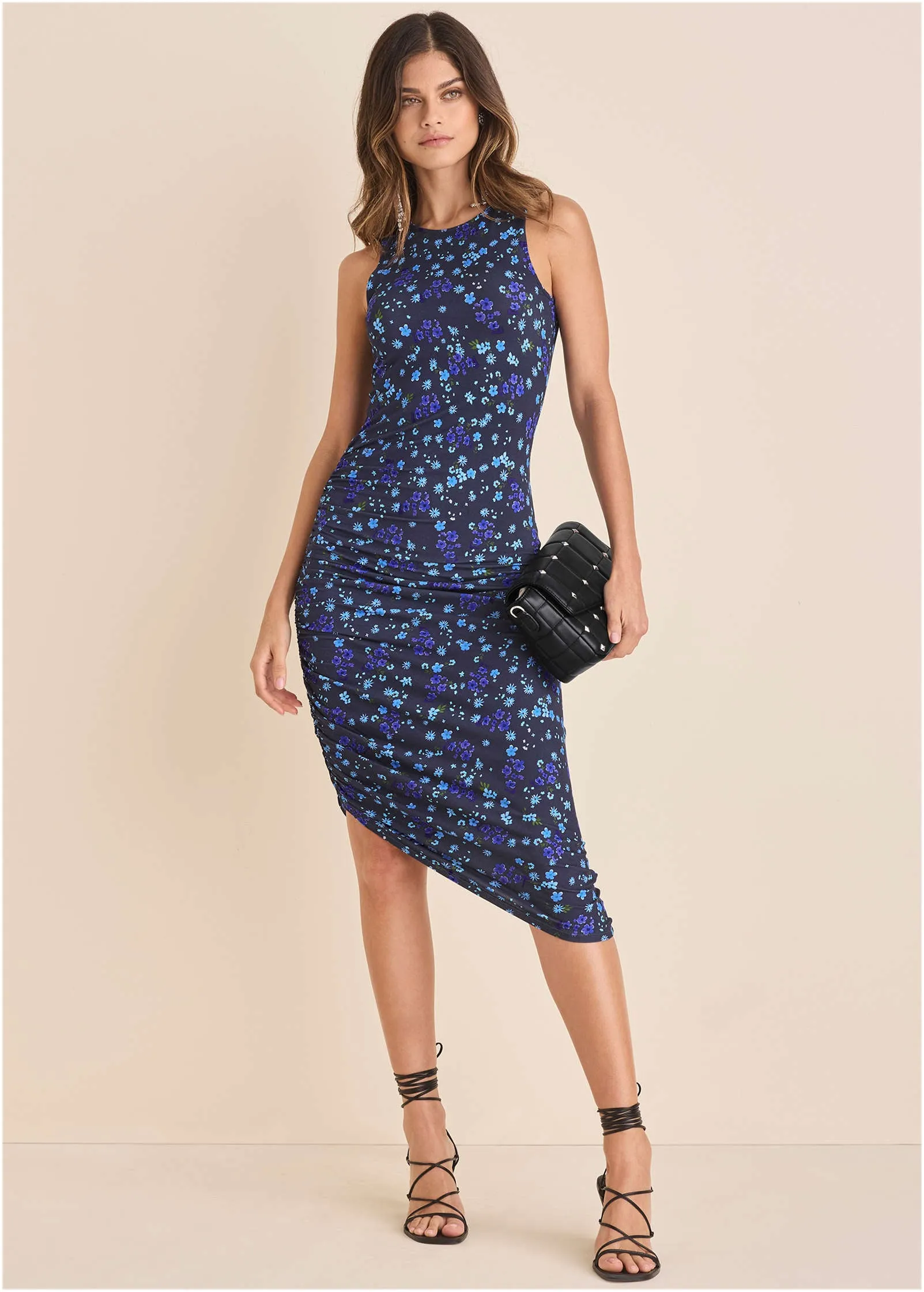 Side Ruched Midi Dress - Lovely Ditsy Blue