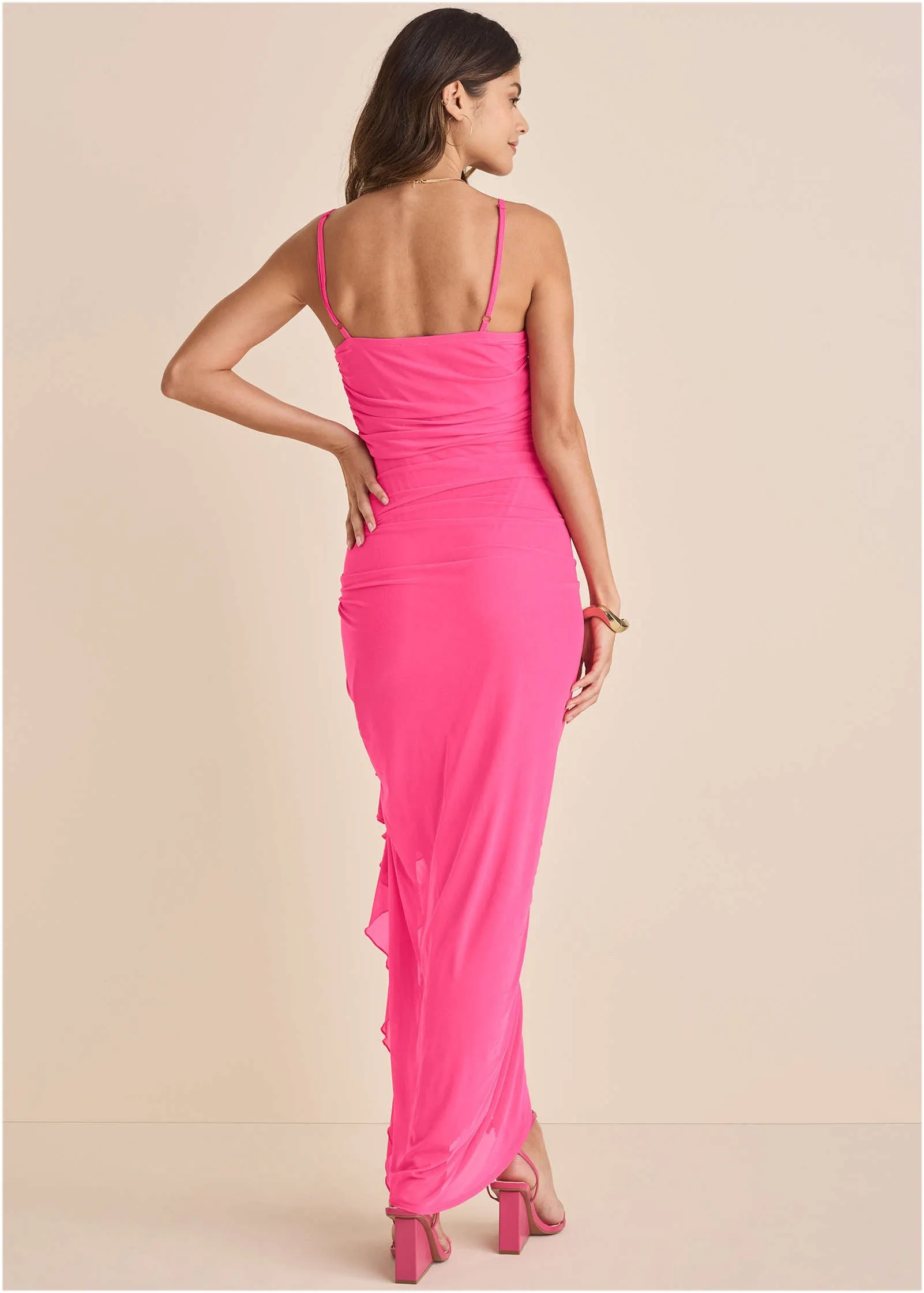 Side Ruffle Mesh Maxi - Pink