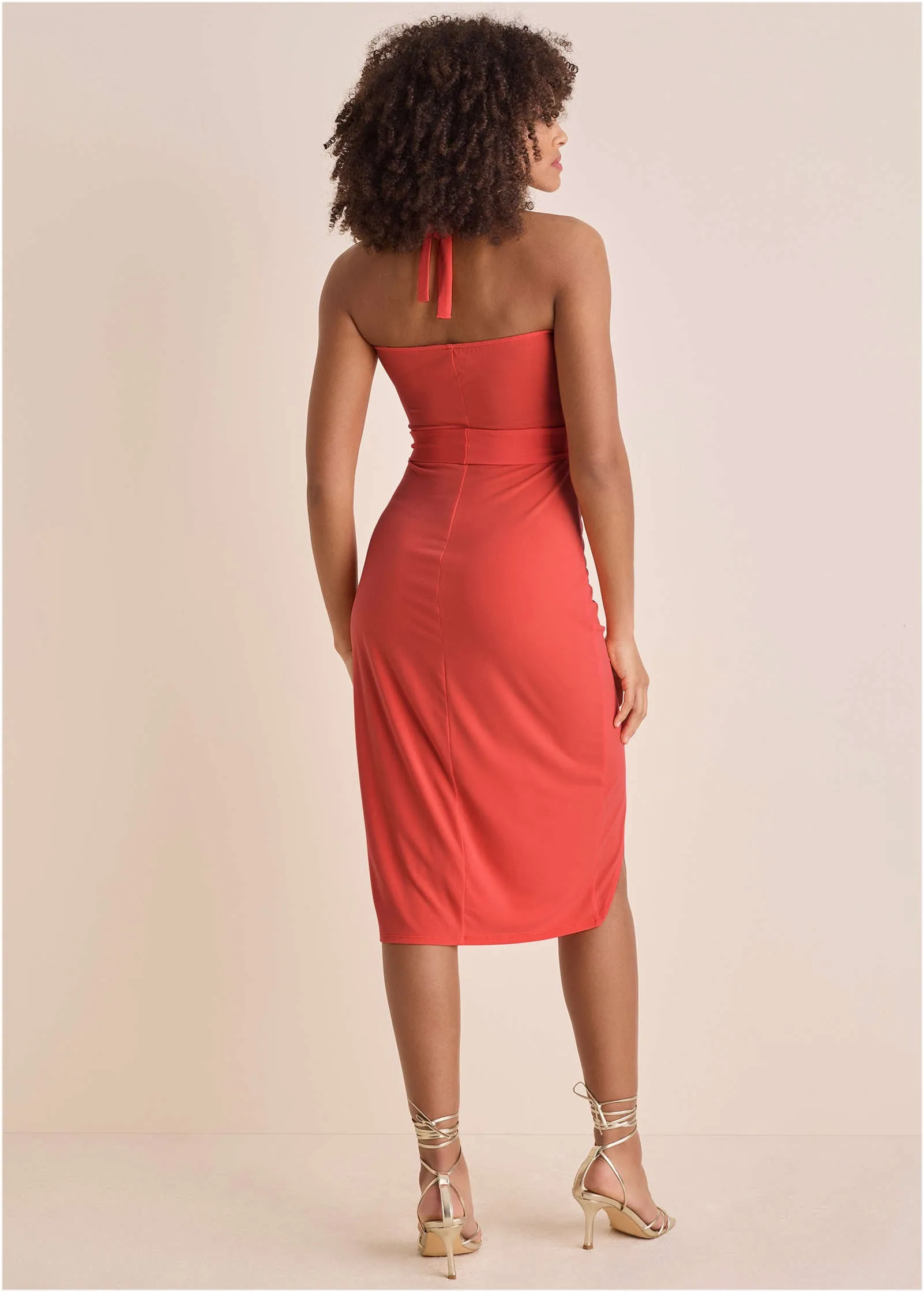 Side Tie Halter Midi - Orange
