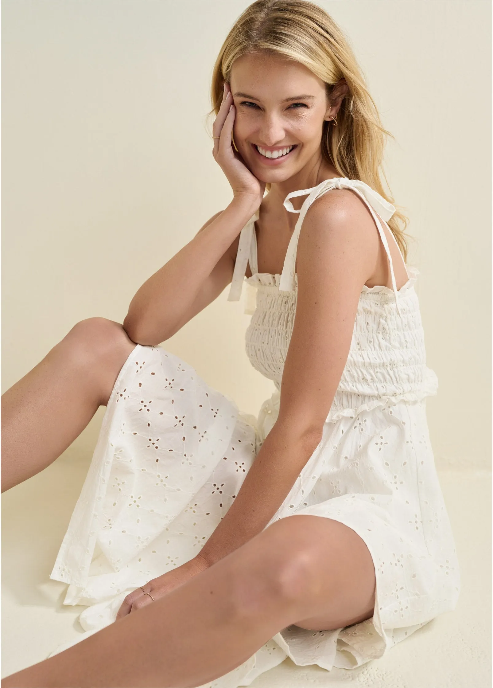 Smocked Top Eyelet Dress  - Off White