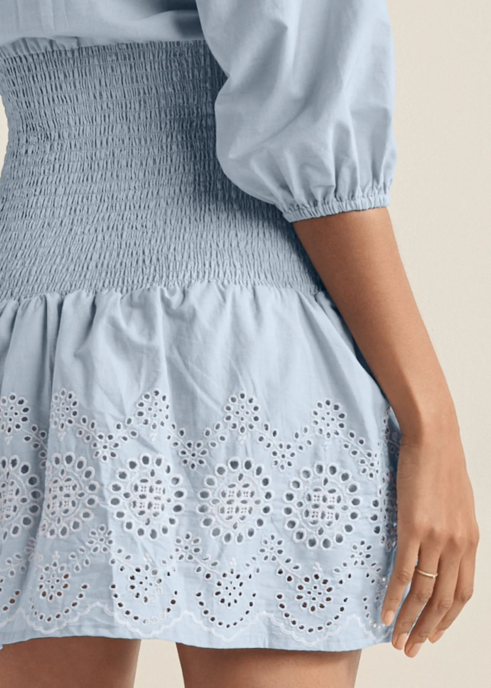 Smocked Waist Eyelet Dress - Light Blue & White