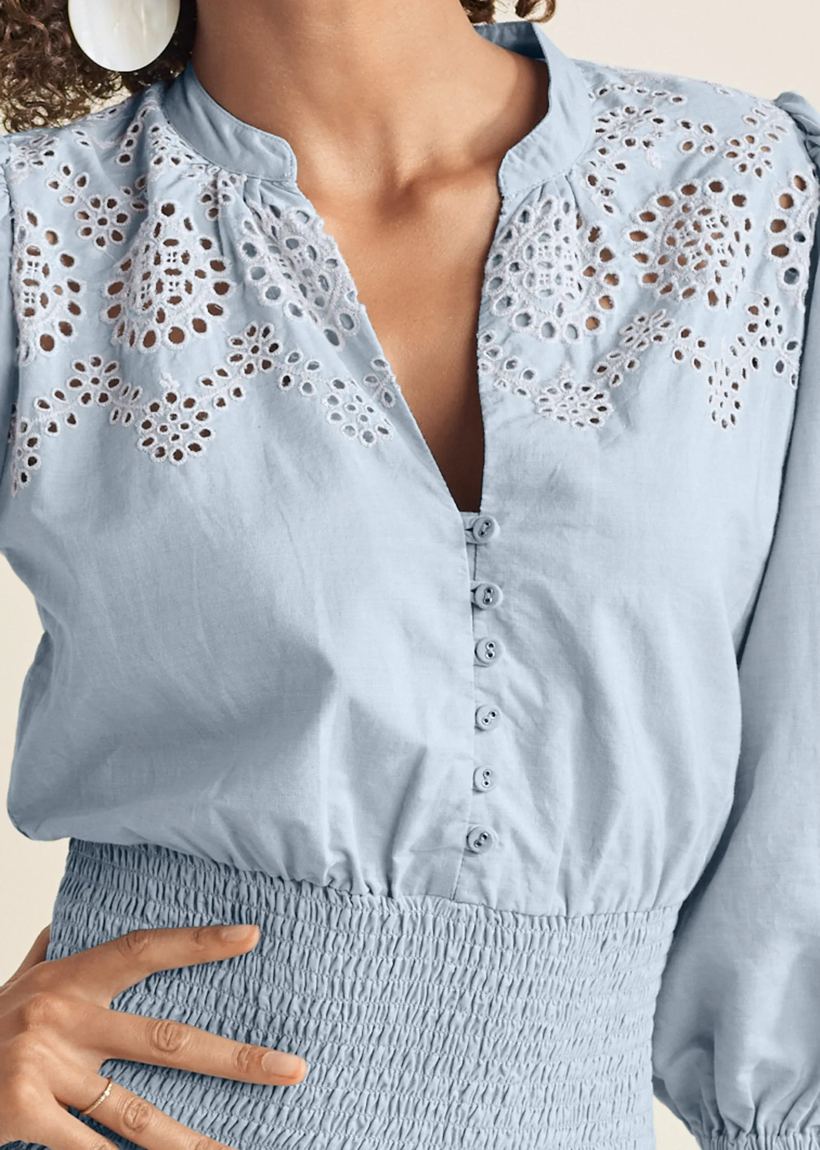 Smocked Waist Eyelet Dress - Light Blue & White