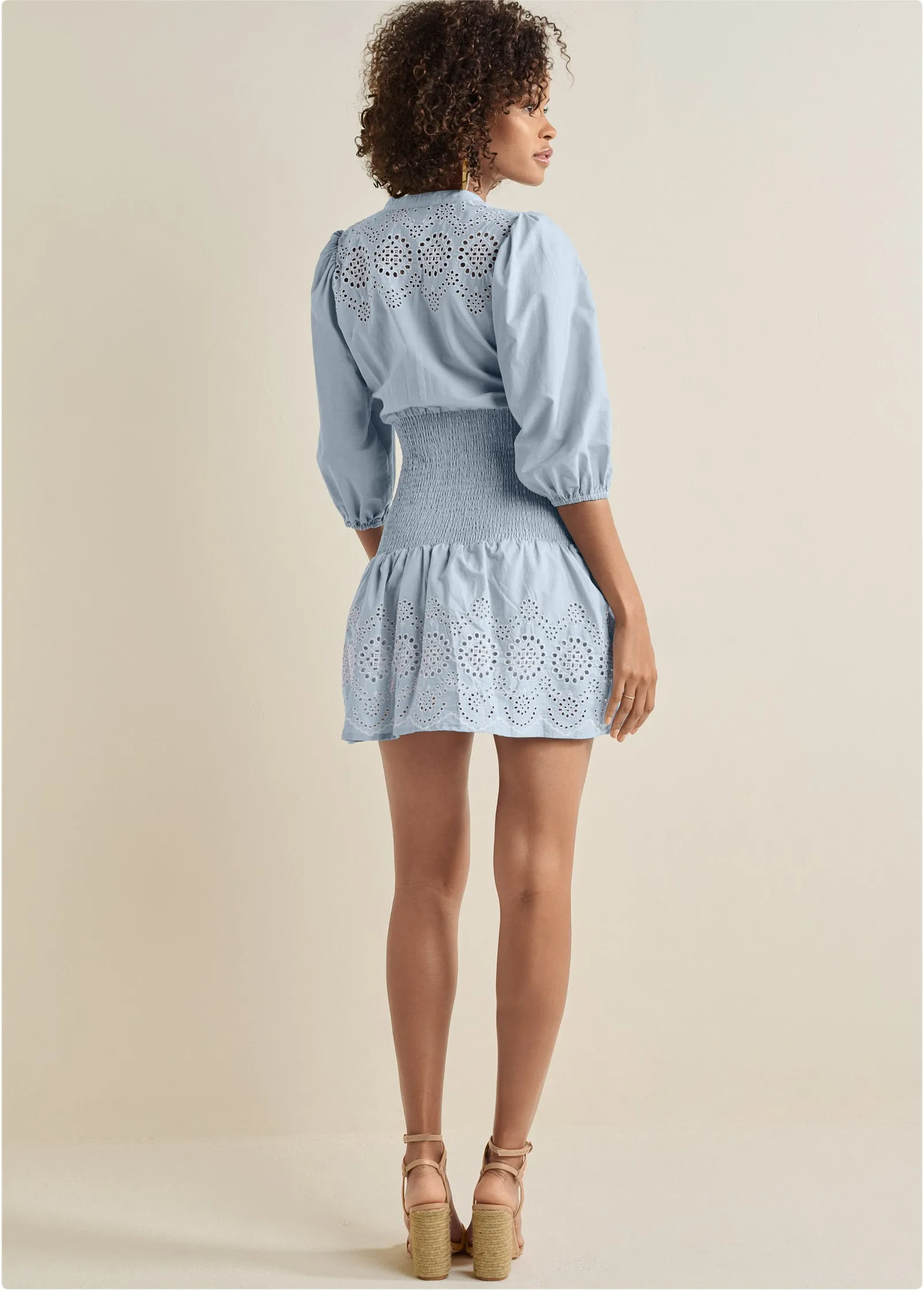 Smocked Waist Eyelet Dress - Light Blue & White