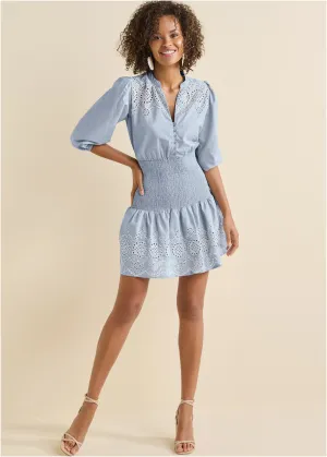 Smocked Waist Eyelet Dress - Light Blue & White